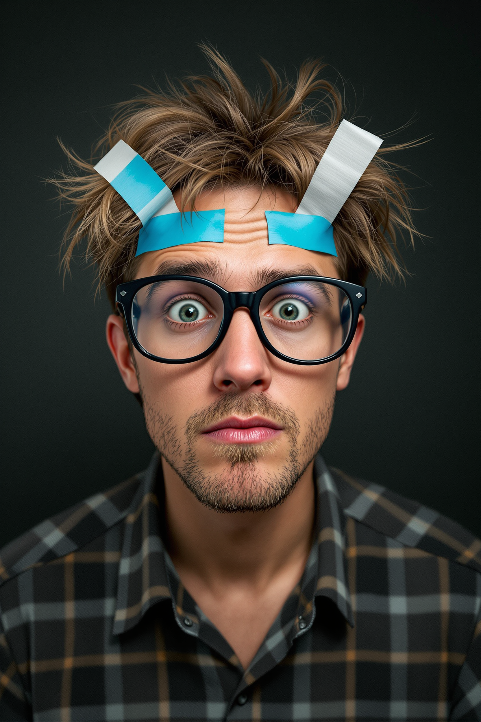 Create an image 9d someone who looks stupid, big glasses with tape, goofy hair, retarded