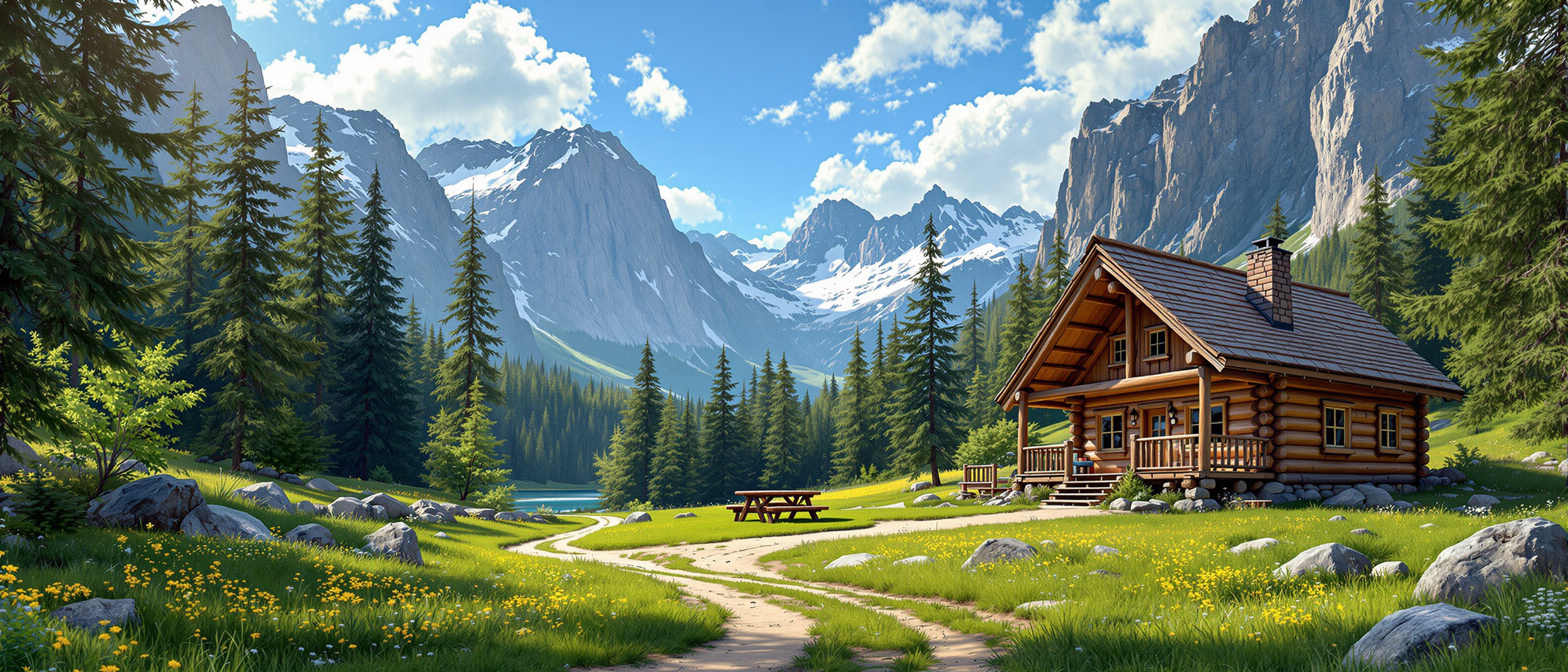 This image captures a serene and picturesque scene of a secluded log cabin nestled in a verdant valley surrounded by towering mountains. The cabin, with its rustic charm, is constructed from natural logs and features a steeply pitched gable roof with a chimney. The log cabin has a welcoming porch with wooden railings and a swing, suggesting a cozy retreat. A picnic table and benches are placed on the porch, inviting outdoor gatherings and relaxation.The foreground of the image is dominated by a wellworn dirt path that snakes through the grassy valley, leading towards the cabin. The path is lined with patches of green grass and small yellow wildflowers, and its marked by the tire tracks of vehicles, indicating recent visitors.The valley is embraced by a lush forest of coniferous trees, with the trunks rising straight and tall, their green needles swaying gently in the breeze. The trees create a natural corridor that frames the cabin and the mountain backdrop, adding depth and a sense of enclosure to the scene.In the midground, the valley floor is a tapestry of greenery, with grasses and shrubs interspersed with rocks and boulders, hinting at the untamed beauty of the natural landscape. The sunlight filters through the canopy of the trees, casting dappled shadows on the ground and creating a play of light and shadow that adds to the tranquility of the scene.The mountains in the background are majestic and imposing, with rugged peaks and steep cliffs. The mountain faces are a mix of rocky outcrops and patches of snow, indicating a high altitude and possibly a season with snow, such as late spring or early autumn. The mountains are bathed in sunlight, with the light reflecting off the snow and highlighting the textures and contours of the rock faces.The sky above is a brilliant blue, dotted with wispy, fluffy white clouds that float effortlessly, adding to the sense of peace and serenity. The clouds are illuminated by the sunlight, which filters through the gaps in the tree canopy, casting a warm glow on the scene.The overall art style of the image is realistic, capturing the natural beauty and textures of the landscape with great detail and clarity. The medium appears to be a highresolution photograph, likely taken during the daytime, given the bright lighting and shadows. The colors are vibrant and harmonious, with a palette dominated by greens, browns, and blues, creating a sense of tranquility and harmony with nature.