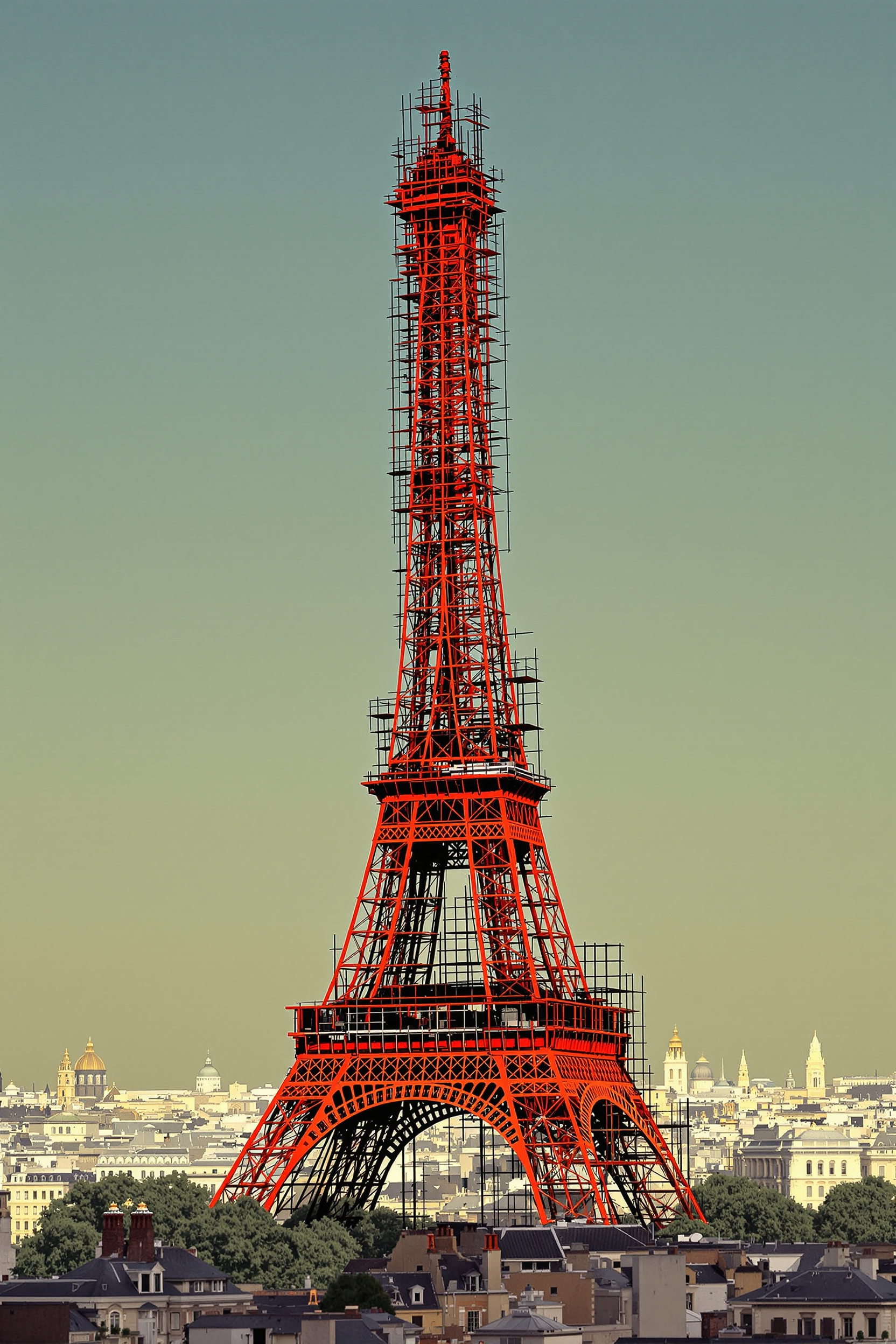 Eiffel tower under construction.
Create an image of the Eiffel Tower in 1887, under construction with its original red color, which it kept until 1906. Show the tower partially built, with scaffolding, and the red paint clearly visible against the Paris skyline.