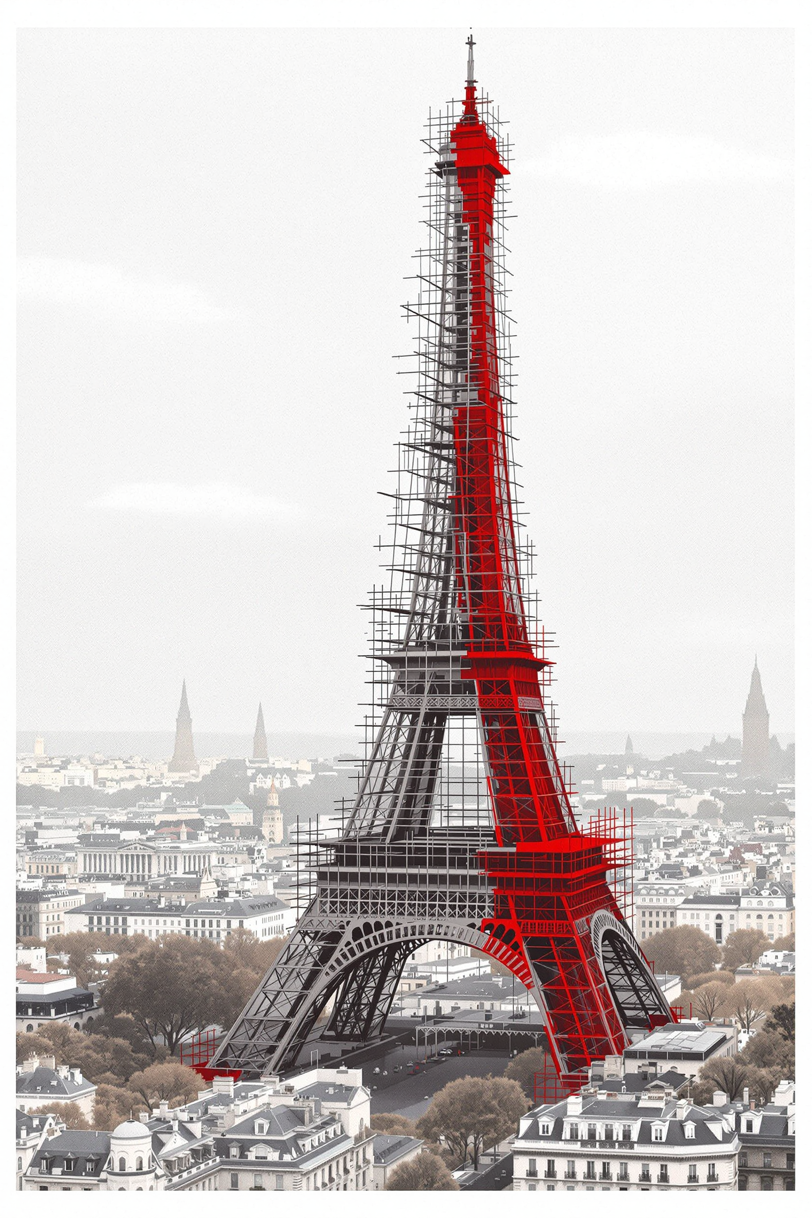 Eiffel tower under construction.
Create an image of the Eiffel Tower in 1887, under construction with its original red color, which it kept until 1906. Show the tower partially built, with scaffolding, and the red paint clearly visible against the Paris skyline.
