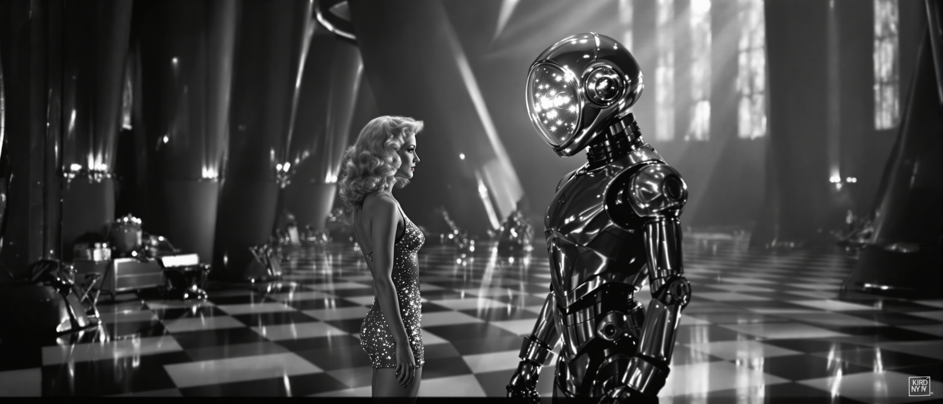 In this still frame from a 1950's science fiction movie, a beautiful blonde actress with wavy hair styled in a glamorous 1950s fashion, wearing a very short, shimmering metal mesh dress with a plunging neckline that sparkles under the lights, is positioned at the center of the frame. She is seen talking to a large humanoid robot with a glass dome for a head. Inside the dome, twinkling lights flicker, giving the robot an almost sentient presence. The robot, made of shiny metal, has articulated arms and legs, and stands facing the actress. 

The scene is set inside an alien laboratory, depicted with grandiose, futuristic architecture. Large vertical structures traverse the space, casting elongated shadows on the black and white checkerboard floor that is highly reflective, creating an almost surreal visual effect. The lighting is dramatic, with high contrast typical of the black and white film era, highlighting the reflective surfaces and the intricate details of the laboratory equipment scattered around. The overall mood is tense and mysterious, capturing the essence of classic science fiction, with an air of suspense and otherworldly intrigue.