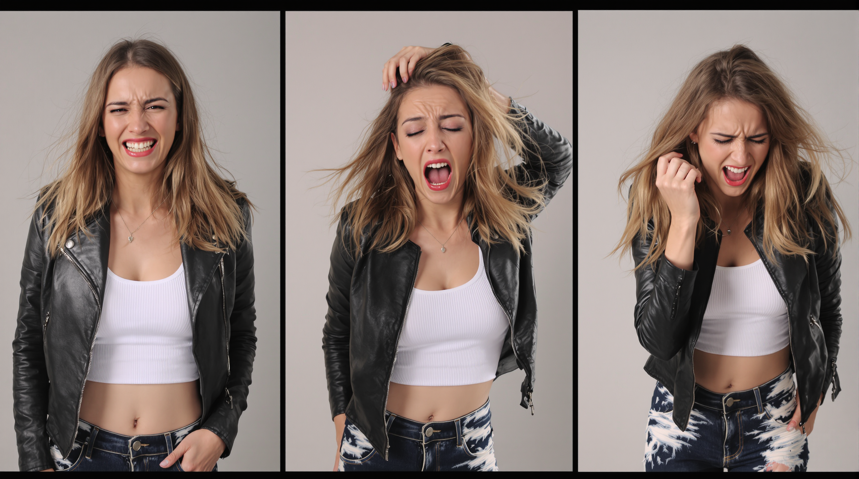 Split screen in three parts of the SAME female model with SAME clothes which is a short leather jacket, white belly free top, distracted Denim jeans and sneakers.
Left screen: model is happy and laughing.
Middle screen: model is very sad with tears in her eyes.
Right screen: model with very angry face expression tearing her hair out.
Studio ambience with clean background, professional lightning, professional photographs with Canon EOS 1D Mark III
