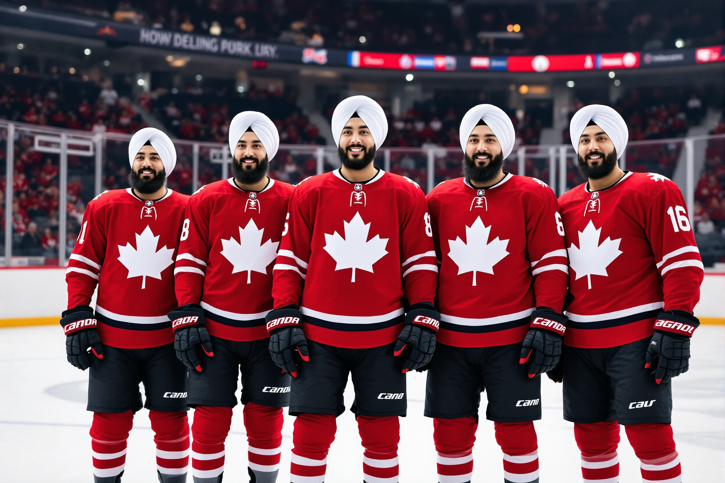 This image captures a group of five different hockey players on the ice, each donning a red jersey with a prominent white maple leaf on the front. The jerseys are adorned with team logos on the right shoulder and the players numbers on the back. The players are wearing black pants and black hockey gloves with red trim, which match the red of their jerseys. Their attire is completed with black hockey socks that have white trim and red accents.The players are standing in a line, with their heads covered by white turbans, which are a symbol of their Sikh faith and a part of their personal religious practice. The turbans are neatly wrapped around their heads and secured with a black band at the back. Their beards are wellgroomed, and they are all smiling, exuding a sense of camaraderie and pride.The ice rink serves as the backdrop for this image. The ice is white and smooth, reflecting the bright lights above and the blurred figures of spectators in the stands. The rink boards are a bright white, and the glass separating the players from the audience is clear, allowing for a view of the crowd. The arena is filled with fans, and the atmosphere is electric with anticipation for the game.The lighting in the arena is bright and even, casting a glow on the players and the ice, highlighting the details of their uniforms and the shine of the ice. The colors in the image are primarily red, white, and black, with the red of the jerseys standing out against the white of the ice and the black of the players pants and gloves. The white turbans add a touch of contrast and a sense of cultural identity to the scene.The medium of the image is likely a photograph taken with a high-resolution camera, given the clarity and detail captured in the image. The art style is realistic, focusing on the details of the players uniforms and the atmosphere of the hockey game. The composition of the image, with the players standing in a line, creates a sense of unity and formality, while the blurred background emphasizes the subjects and the action taking place on the ice.