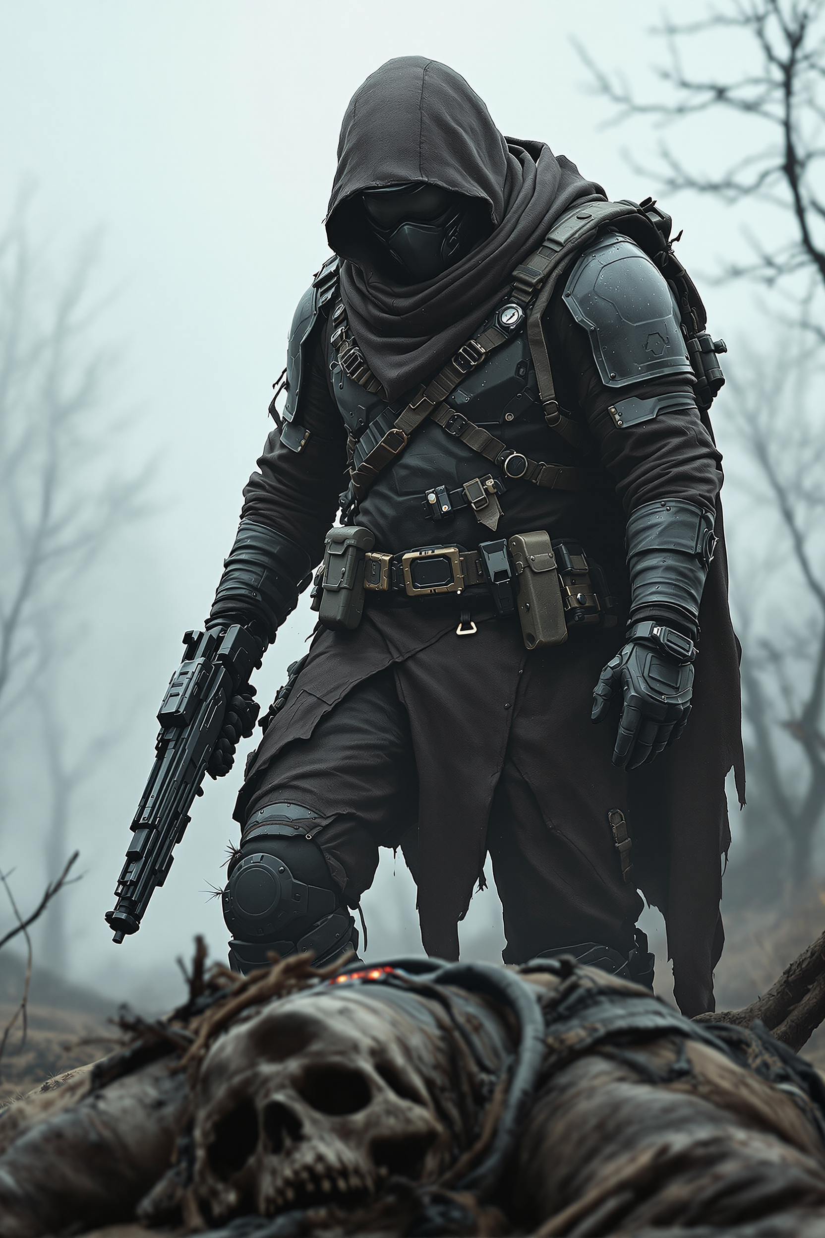 A detailed, realistic post-apocalyptic ranger in a mask and leather armor, with a sci-fi helmet and tactical outfit. He stands over his nemesis, holding a heavy rifle. The foggy, desolate landscape with barren trees enhances the gritty, survivalist mood. Dark, worn attire with advanced tech elements, in cinematic, textured photography.