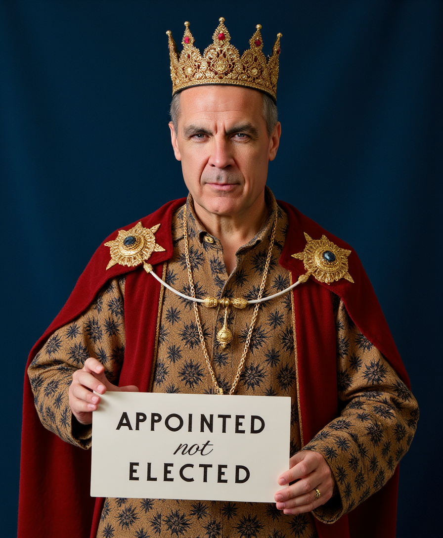 a photo of CARNEY, a Renaissance portrait of CARNEY looking at viewer, facing camera, a regal figure resembling a king wearing a crown. The character should have a strong, imposing facial structure, adorned with a luxurious crown with jewels. They wear an intricately embroidered robe featuring elaborate patterns and jewelry, including necklaces with ornate pendants. The background should be a deep, royal blue to emphasize the subject's majesty..   in the style of Hans Holbein the Younger.

He is holding a sign that reads "APPOINTED not ELECTED"