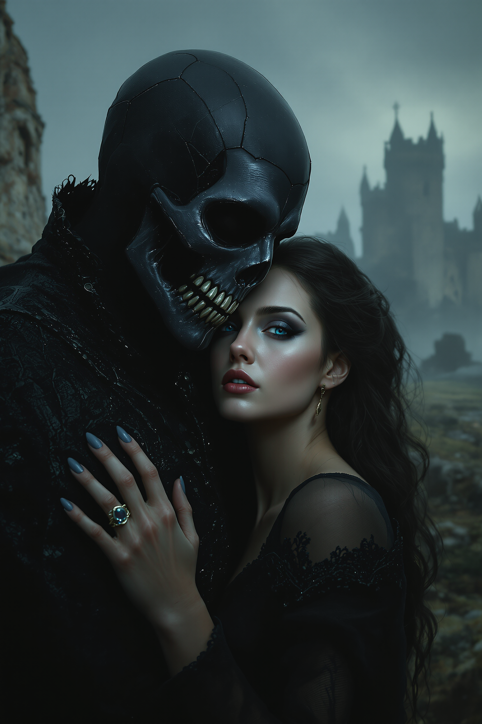 Ultra-photorealistic, ultra-detailed gothic scene in 8K HD, depicting a dark ghoul embracing a woman. The ghoul has a skull-like face covered in a black, leather texture, hollow eyes and shadowy, slender hands. The woman's face is hyper-realistic, with detailed skin texture and blue eyes - she looks like she's in love. The background is a misty, medieval landscape with a ruined castle, painted subtly in an oil style. ultra-detail ultraphotographic ultra-real hd 8k.
