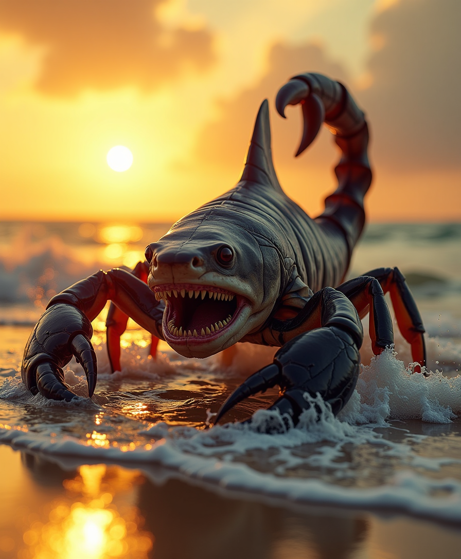 Under the golden light of sunset on the beach, a terrifying creature emerges from the shallow waters: it has the body and powerful jaw of a shark, but its backside transforms into the venomous tail of a scorpion, curved and ready to attack. . Its eyes glow with a predatory gaze, and the scaly, hardened skin reflects a gloomy tone, blending with the segmented texture of the scorpion's exoskeleton. With every movement, its tail shakes vigorously, and its sharp jaw opens in a deadly flash. The creature advances through both the water and the sand, and its imposing presence, under the warm afternoon light, turns the beach into a scene of tension and imminent danger, with a terror that contrasts deeply with the peaceful landscape.