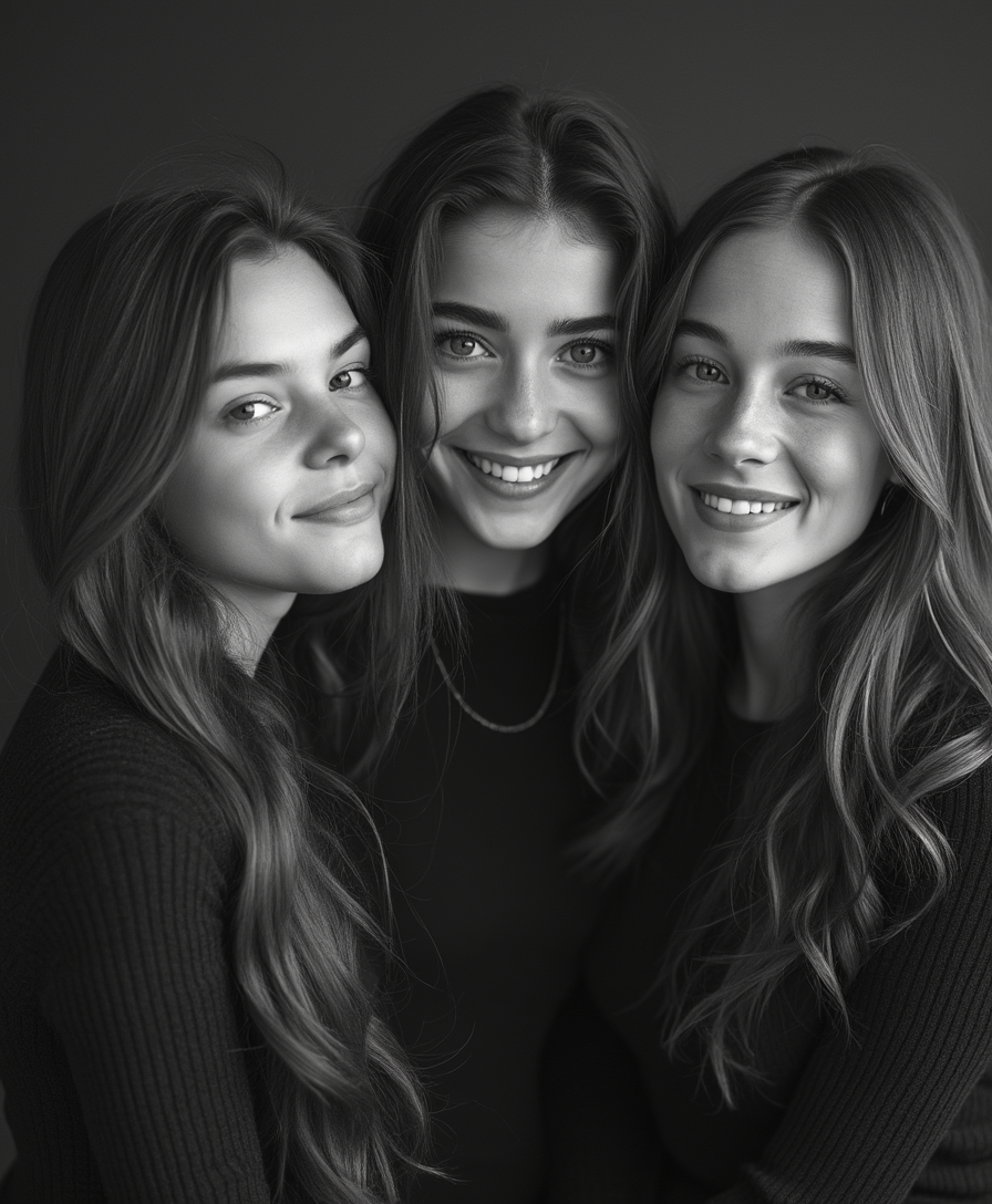 An artful contemporary black-and-white photo portrait of three tall hot sisters who are close in age, posing for the camera playfully and smiling. The oldest sister is stunning and shortest and in her mid-twenties, while her middle sister is a beautiful college girl, youngest sister is cute college girl, strong resemblance, same eyes. There is love and deep familiarity between them. Dark composition. Photo is a subtly cream-toned grayscale platinum-palladium photograph, subtly graded tones, smooth highlights, sharp focus throughout, complex composition 