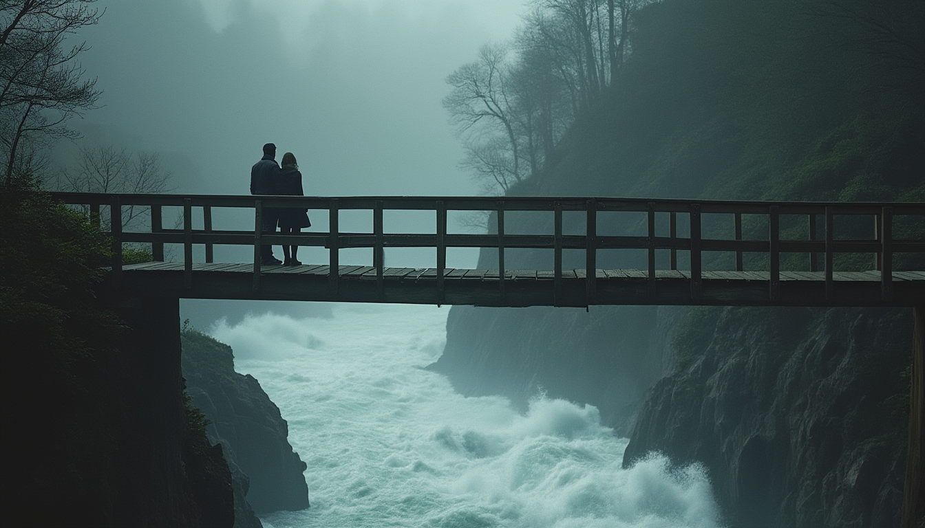 View from a lower position, looking up, showing a side of wooden bridge that above a raging river. On the rim of bridge, lone silhouettes of a couple standing side by side on the bridge, looking down