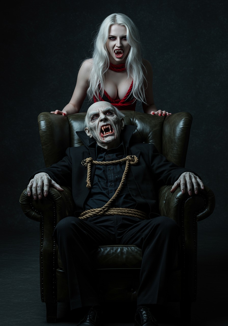 cinematic dark photography, very old vampire sit in old leather armchair, grey old face, huge bloody vampire fang teeth, historic dark black rope, bony hands on armchair. Behind the sitting old vampire stand a beautiful young female vampire, pale skin, long white blond hair, red rope, open cleavage, the female vampire shows vampire fang teeth as well. dark scene, very low light 