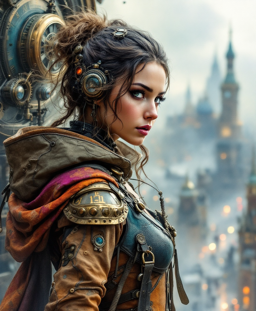 high quality, 8K Ultra HD, high detailed, Steampunk Time Voyager, Watercolor, wash technique, colorful, blurry, smudge outline, like a fairy tale, The protagonist, a courageous young beautiful woman adorned in a blend of vintage and futuristic attire, Embark on a thrilling journey through time in a steampunk-infused world, where past and future intertwine in perfect unison, This intricate digital art piece captures the essence of a daring time voyager exploring a Victorian-era metropolis with a steampunk twist, stands atop a colossal clock tower adorned with ornate cogs and gears, propelled by precise mechanical propellers, The city's architecture harmoniously blends classic Victorian elegance with intricate steampunk machinery, resulting in a visually captivating juxtaposition, by yukisakura, awesome full color,  