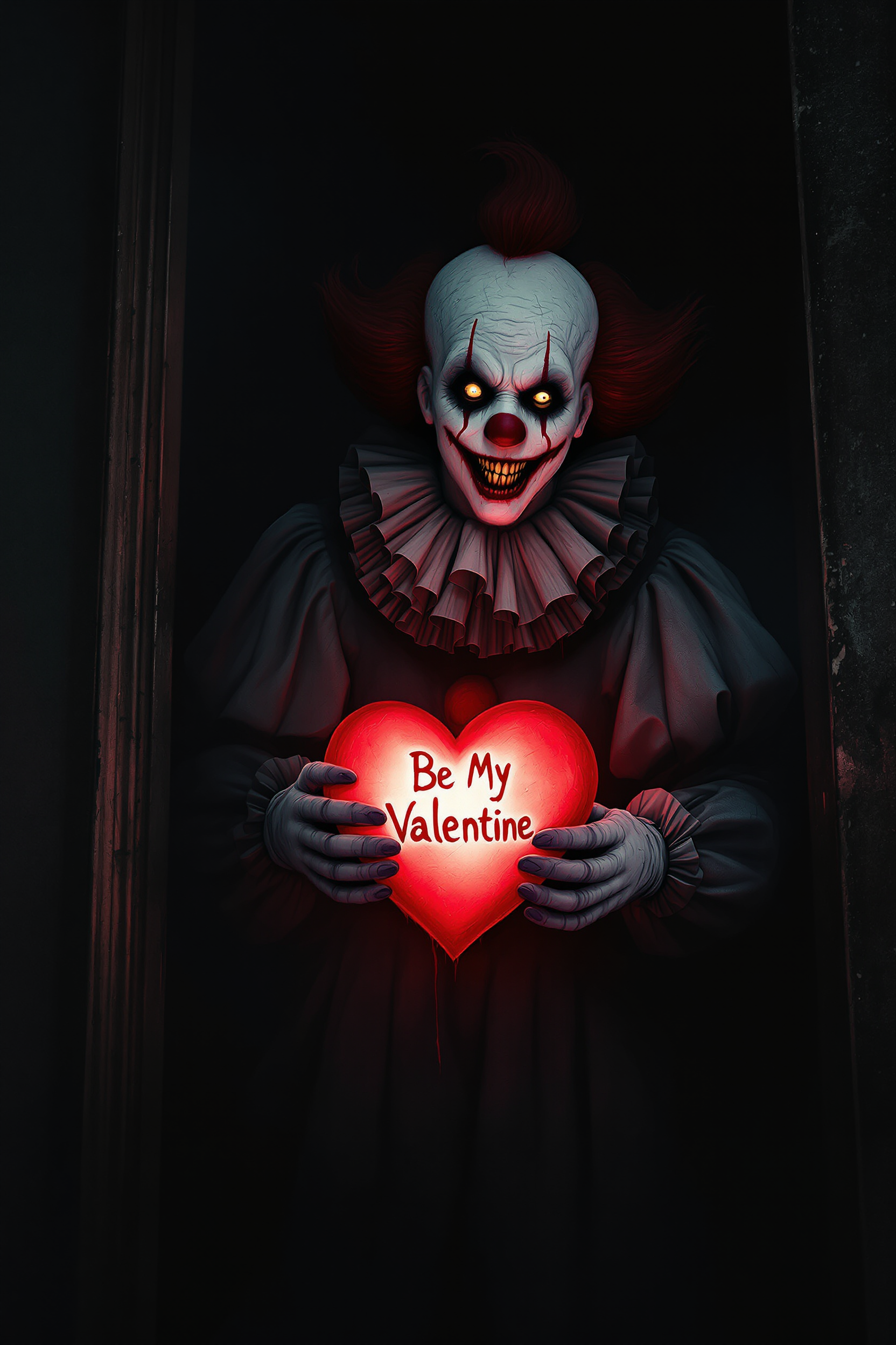 Hyperreal, ultra-detailed painting style image of a creepy clown standing on a doorstep of a door. The clown has a sinister smile, empty, dark eyes and a wrinkled face. In dirty, white gloves he holds a rubber heart with the words "Be My Valentine" written on it, glowing as if cut from a body. The background is dark, hazy, with flickering light. 8k full hd. surreal valentine's day"