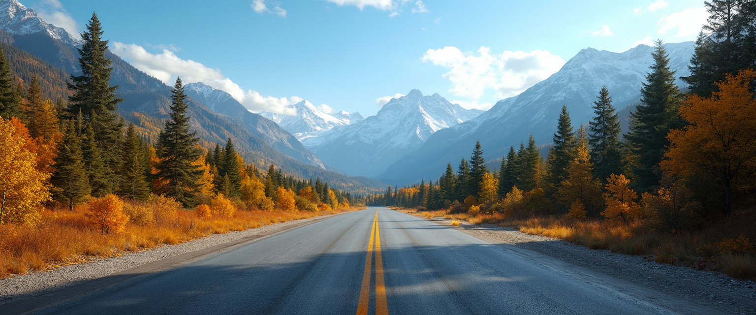 Here is a refined prompt for an AI image generation based on the given description:

**Subject:** A tranquil scene of a straight road through a mountainous region during autumn.

**Visual Elements:**
- **Road:** Paved with dark grey asphalt, marked with bright yellow lines dividing it into two lanes, devoid of vehicles or pedestrians.
- **Forests:** Lush, with coniferous trees like pines or firs; autumnal colors of yellows and oranges contrasting with deep greens. Foliage on the left side is more vibrant, indicating proximity, while the right side is more subdued, suggesting distance.
- **Mountains:** Majestic, with rugged and steep slopes, some covered in greenery, others in bare rock, with snow-capped peaks suggesting high altitude or late season.
- **Sky:** Clear blue with a few wispy clouds, enhancing the sense of vastness and openness. Very sunny, bright

**Lighting:**
- **Time of Day:** Early morning or late afternoon, characterized by long shadows and soft, warm light.

**Artistic Style:**
- **Style:** Realistic, capturing intricate details and textures with high fidelity.
- **Medium:** High-resolution photograph, ensuring clarity and sharpness.

**Composition:**
- **Layout:** The road stretches from the foreground into the distance, cutting through the landscape. The camera is positioned at ground level, with the road leading the eye toward the mountains.
- **Framing:** Wide-angle to capture the expansiveness of the scene, with the road as the central vanishing point.

**Mood and Atmosphere:**
- **Mood:** Serenity and isolation, conveyed by the absence of human elements and the natural beauty of the landscape.
- **Atmosphere:** Crisp, clear, and slightly chilly, typical of autumn in a high-altitude region.

**Technical Aspects:**
- **Depth of Field:** Deep, ensuring the entire scene from foreground to background is in sharp focus.
- **Color Palette:** Rich and vibrant, with warm yellows and oranges against cool blues and greens, creating visual harmony and balance.

**Cohesion:** All elements combine to depict a harmonious, isolated autumn scene in a mountainous landscape, where the road serves as a narrative element leading the viewer's eye through the environment.
