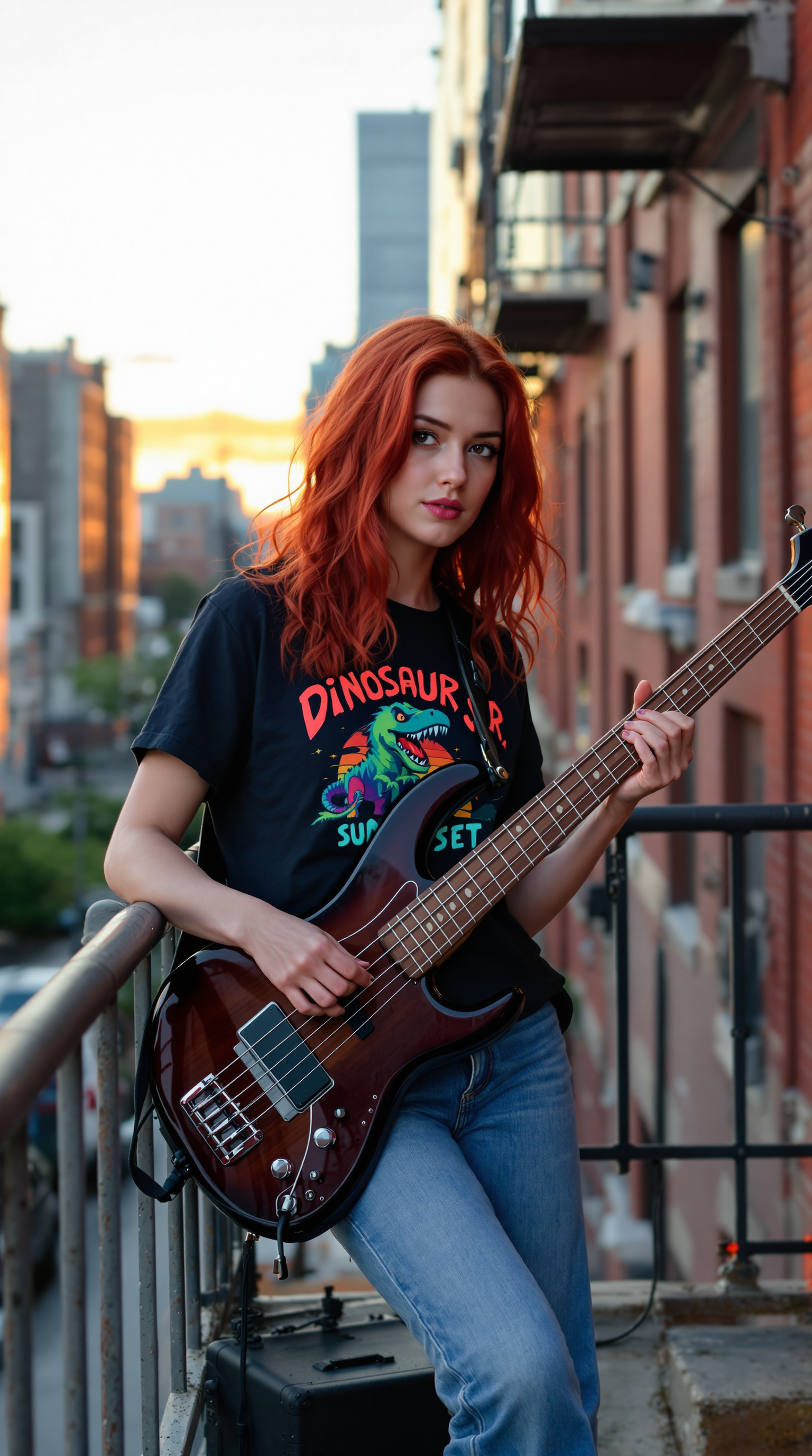 A Red haired young woman is leaning against the railing of a city fire escape while playing bass guitar. She has a shirt on it that says Dinosaur Jr. Sunset, looks like she is deep in a groove with an amp at her boots. Looking at the viewer