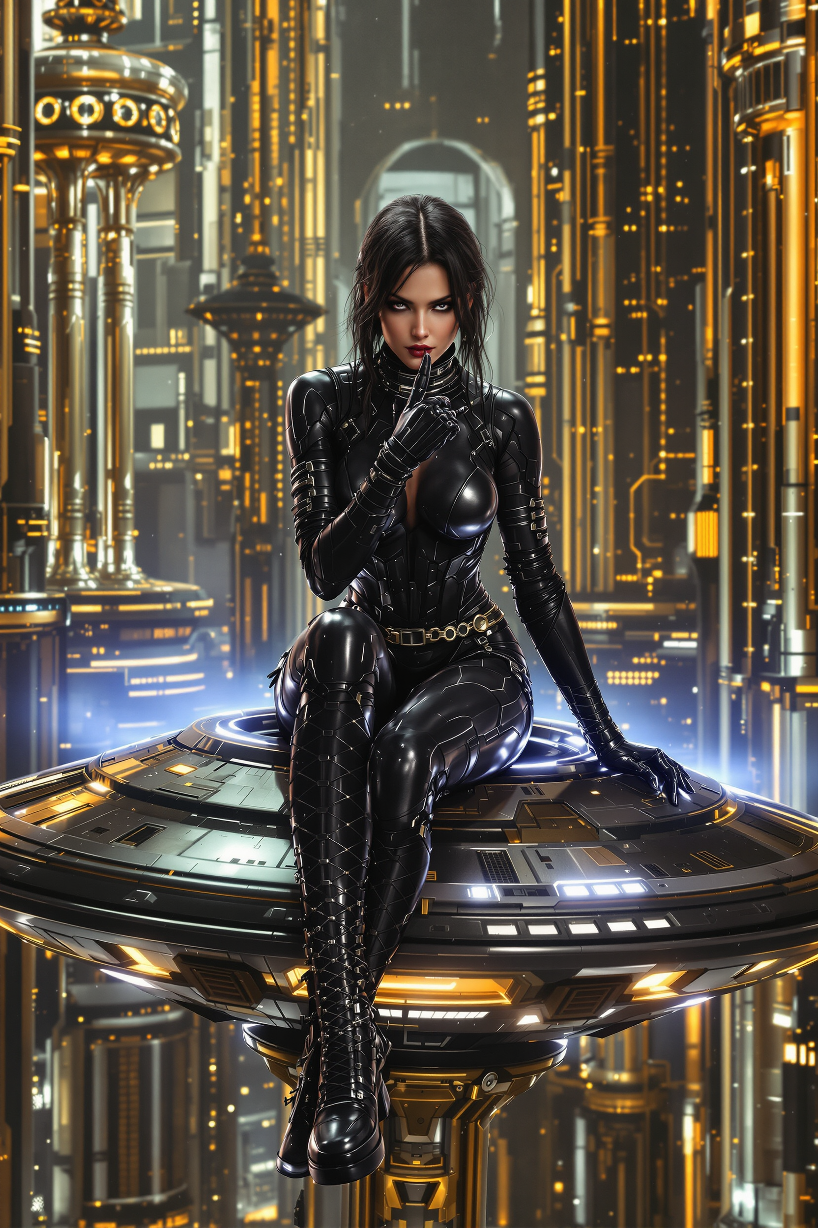 Example: Create women she is wearing a black & silver cyberpunk bodysuit