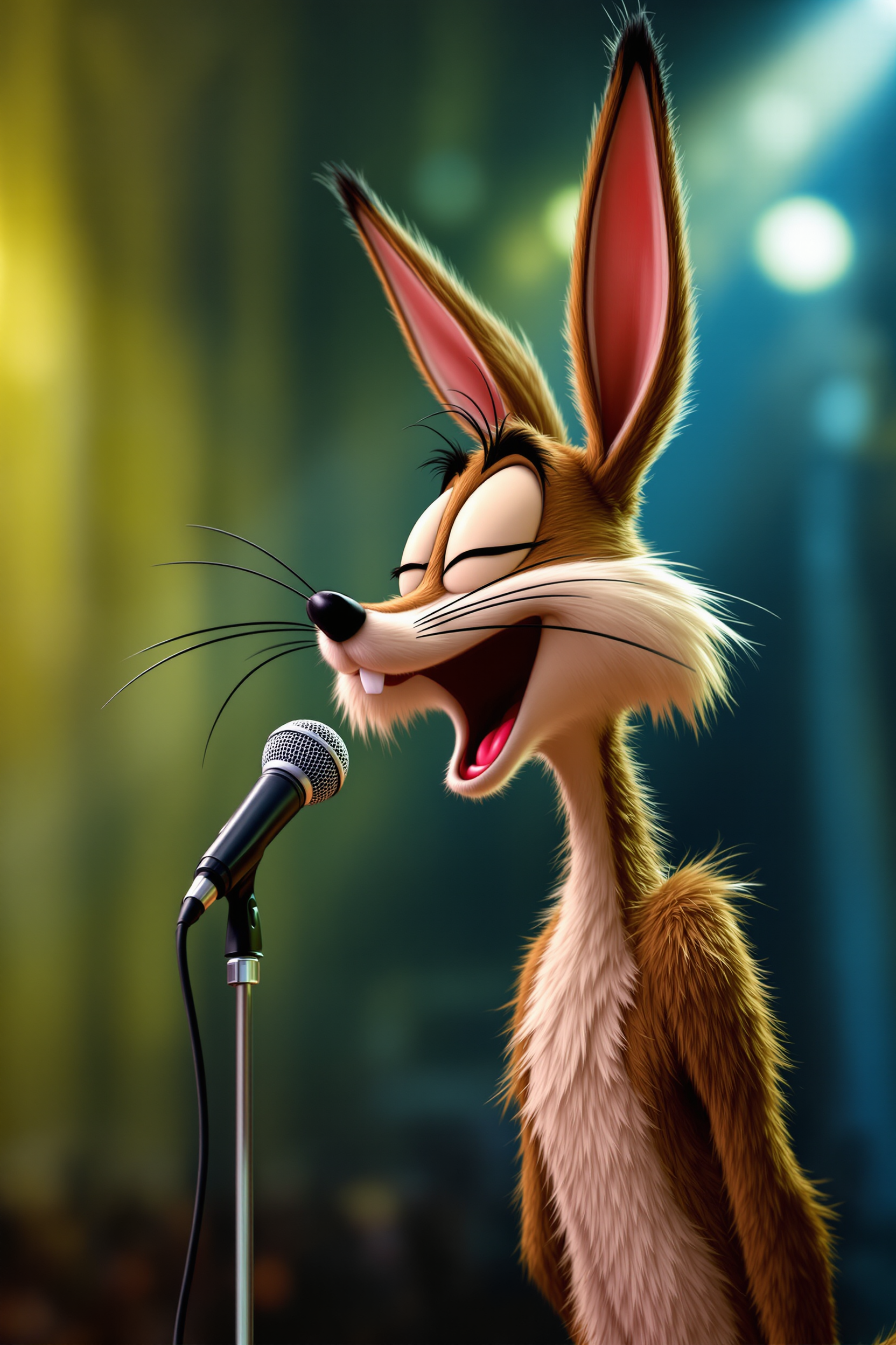 Create the whimsical Wile E. Coyote Looney Tunes singing into a microphone, eyes closed, mouth wide open, passionate, talent show, blur theatre stage background, funny, detailed, meticulous, comical, profile