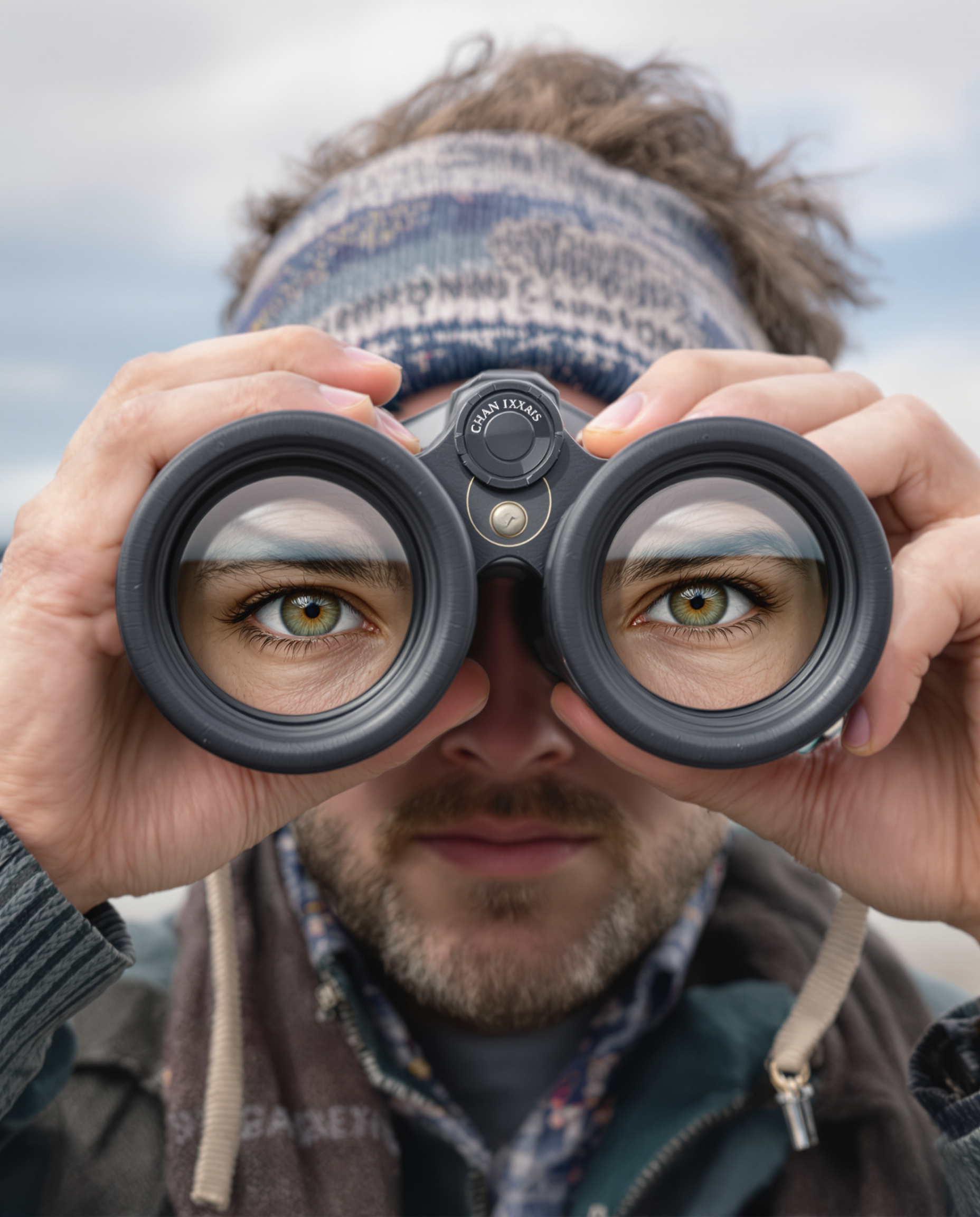 Example: Closeup of a person is looking through a binoculars while the photo show is enla