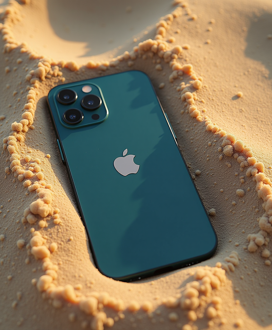 Example: Bird's eye view from the display of a iPhone 16 pro lying in the sand