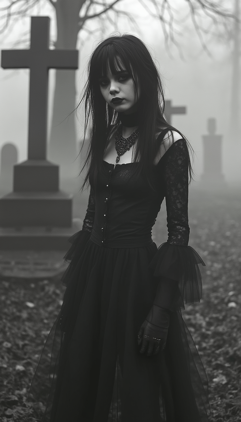 Example: Modern black-and-white photo of stunning young goth chick