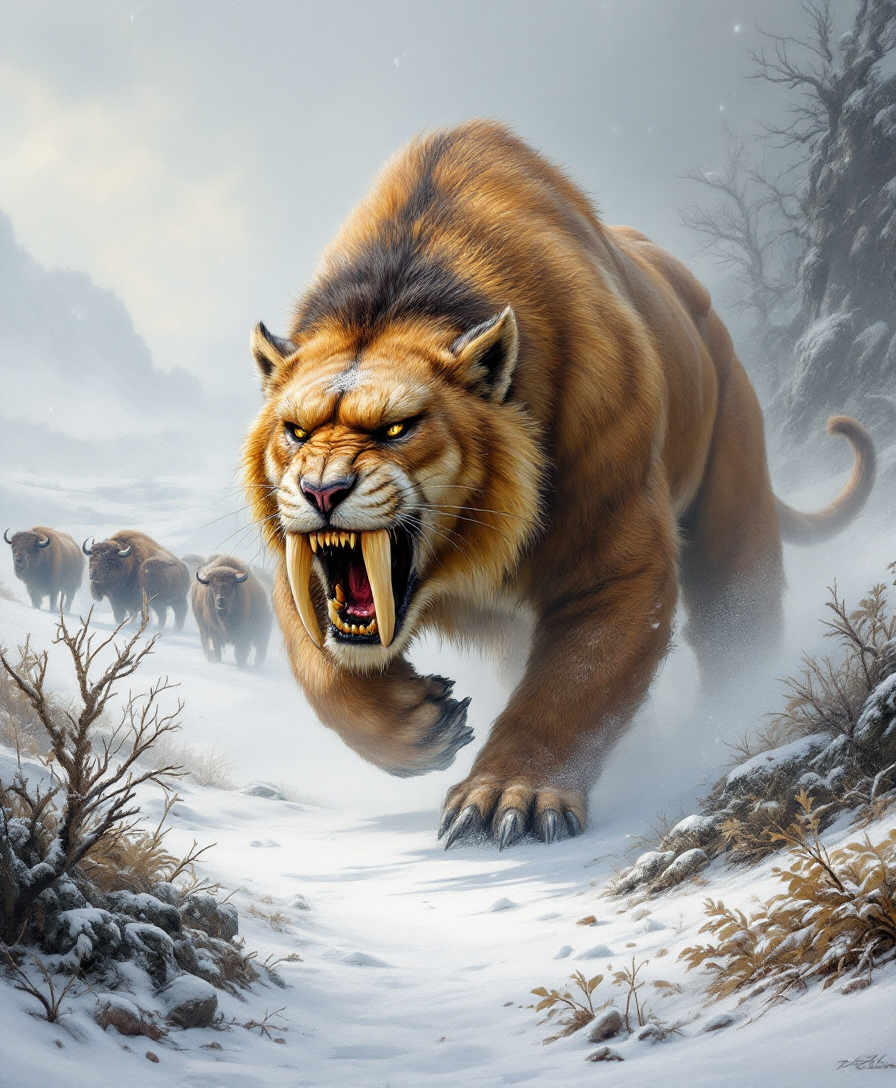 Smilodon, the legendary saber-toothed cat, prowls through the misty Pleistocene wilderness, its muscular frame tense with primal power. Its fur, a rich blend of tawny gold and deep brown, glistens under the cold morning light, while its piercing amber eyes scan the frost-covered terrain for prey. The beast’s most striking feature--its colossal, curved saber teeth--extend menacingly from its powerful jaws, gleaming like ivory daggers, far larger than any modern feline's. Scarred from countless battles, its thick, muscular shoulders ripple with every calculated step, its deadly claws pressing into the soft earth. In the distance, a herd of ancient bison senses the predator’s presence, their breath rising in the cold air as tension grips the frozen landscape. Snow swirls around the Smilodon, caught in the wind, adding a dramatic, almost mythic aura to the scene. The painting is executed in the grand classical style of Romantic wildlife art, with rich textures in the fur, intricate lighting that highlights the gleam of its fangs, and a masterful composition that captures both the savage power and haunting beauty of this prehistoric apex predator
