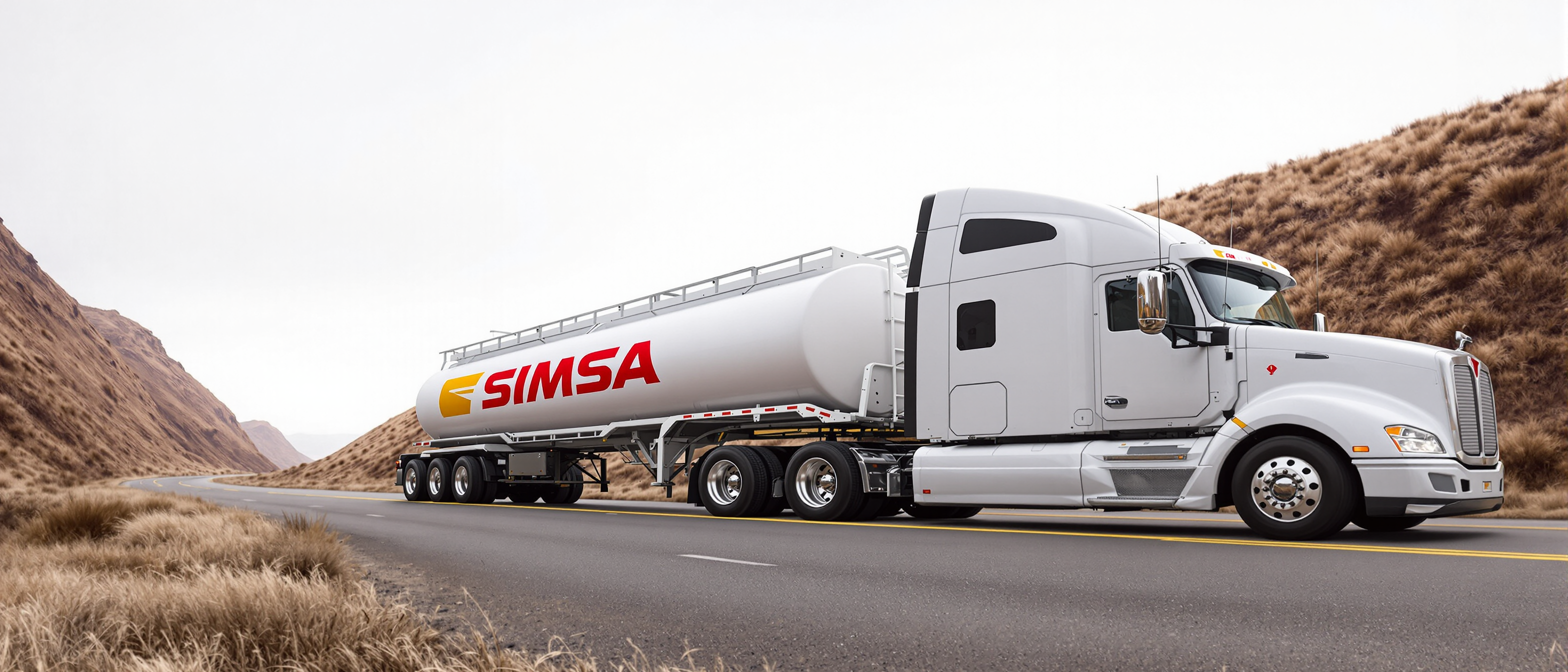 This image depicts a large, white semitruck with a distinctive cab design, indicative of a modern, streamlined truck. The truck is adorned with the SIMSA logo, which is written in red letters against a yellow background. The truck is hauling a long, cylindrical tanker trailer, also bearing the SIMSA logo, which is painted in a similar color scheme. The tanker trailer is attached to the truck by a series of axles and wheels, which are also white, matching the trucks body.The truck is on a paved road, with a clear demarcation of the lane it is in, marked by a yellow line. The road is bordered by a steep, grassy hillside, which slopes gently down to the left side of the frame. The hillside is covered in dry, brown vegetation, which suggests that the area might be semiarid or in a season of drought.The sky in the background is overcast, with a soft, diffuse light that suggests it might be either early morning or late afternoon. The light casts a gentle glow on the truck and the hillside, creating a calm and serene atmosphere. There are no other vehicles or people visible in the image, emphasizing the solitude of the truck on the road.The art style of the image is realistic, with attention to detail in the textures and reflections on the trucks surfaces. The medium appears to be a photograph, capturing the scene with a high degree of clarity and sharpness. The colors in the image are muted, with the white of the truck and the yellow of the SIMSA logo standing out against the browns and greens of the hillside and the grays of the road and sky. The overall effect is one of quiet industrialism, with the truck serving as a symbol of transportation and logistics in a natural setting.