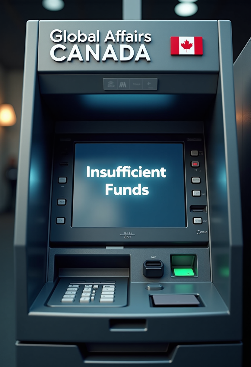 This image depicts an ATM Automated Teller Machine belonging to read "Global Affairs Canada" backlit lighting 3d. The ATM is situated indoors, as suggested by the artificial lighting and the reflection of the interior on the glass surface of the machine. The machine is predominantly gray, with a metallic finish that gives it a modern and utilitarian appearance. The top of the ATM features a sign with the words Global Affairs Canada in bold, capitalized letters, and to the right of the text, there is a small Canadian flag emblem, indicating the machines location or the affiliation of the entity that operates it.The ATM screen is displaying the message "Insufficient Funds", which is a common error message that appears when a customer attempts to withdraw more money than is available in their account. The screen is a dark shade of gray, which contrasts with the bright white of the text, making the message stand out clearly. The screen is centrally located on the front of the ATM, and below it, there is a slot where a card can be inserted, a cash dispenser, and a receipt printer.The ATM also has a keypad on the right side, where a customer would enter their PIN Personal Identification Number to access their account. The keypad is surrounded by a green light, which is likely an indicator that the machine is operational and ready for use. The machine also has a card reader, which is used to read and authenticate the customers bank card.The overall art style of the image is realistic, with attention to the details of the ATMs design and the clarity of the displayed message. The medium appears to be a photograph, as indicated by the visible graininess and the way light reflects on the surfaces of the machine. The colors in the image are primarily cool tones, with the gray of the ATM dominating the palette, complemented by the red and white of the Canadian flag and the green of the keypad light.In summary, this image is a realistic photograph of an ATM belonging to Global Affairs Canada, displaying an error message indicating insufficient funds. The machine is situated indoors, with a focus on the details of its design and the message on the screen. The colors are primarily cool tones, and the medium appears to be a photograph.