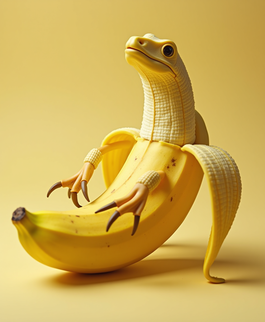 realistic product shot of a banana, the peel is open and inside is reptile shaped raw banana crawling out with claws,