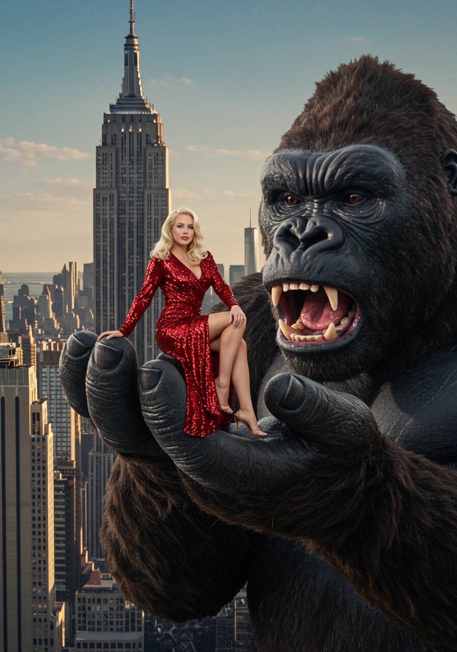 Example: A photorealistic image of King Kong holding a blond woman sitting on the palm of