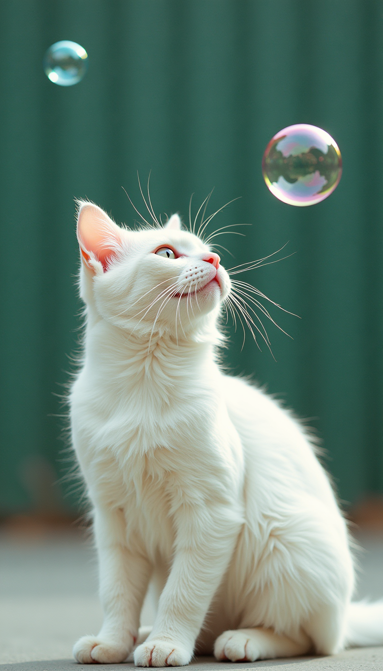 A white cat is watching a small bubble flying in front of it, a close-up shot, There are two bubbles in the air，Have a sense of space，art by Rinko Kawauchi, in the styleof naturalistic poses, vacation dadcore, youthful energy a cool expression, body extensions, analog film, super detail,dreamy lofi photography,colourful, inside viewshot on fujifilm XT4