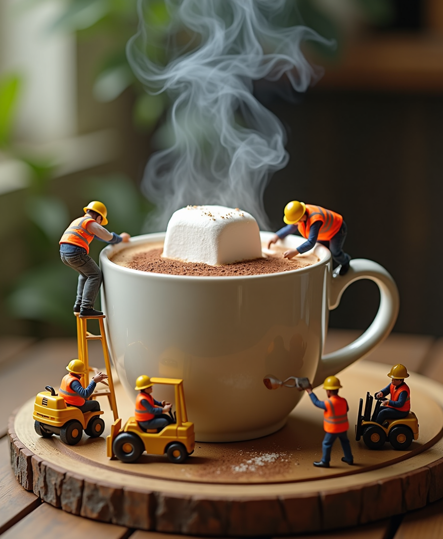 A whimsical and surreal scene where tiny construction workers are assembling a steaming cup of a rich, aromatic hot drink--perhaps a velvety cappuccino, a soothing herbal tea, or a decadent hot chocolate. The oversized mug sits on a cozy wooden table, with steam swirling above it in elegant wisps. Miniature workers in orange safety vests and yellow hard hats are hard at work--some using tiny cranes to lower a giant marshmallow into a frothy hot chocolate, while others carefully pour a stream of rich espresso from a massive coffee pot. A worker on a ladder dusts cocoa powder or cinnamon from a tiny sifter, creating the perfect final touch. A forklift transports a sugar cube, ready to be dropped into the drink, while another group arranges delicate latte art with precision tools. Nearby, tiny chefs prepare additional toppings like whipped cream, honey drizzles, or lemon slices for tea. The entire scene blends warmth, indulgence, and imaginative miniature construction, making the hot drink feel like a luxurious masterpiece 