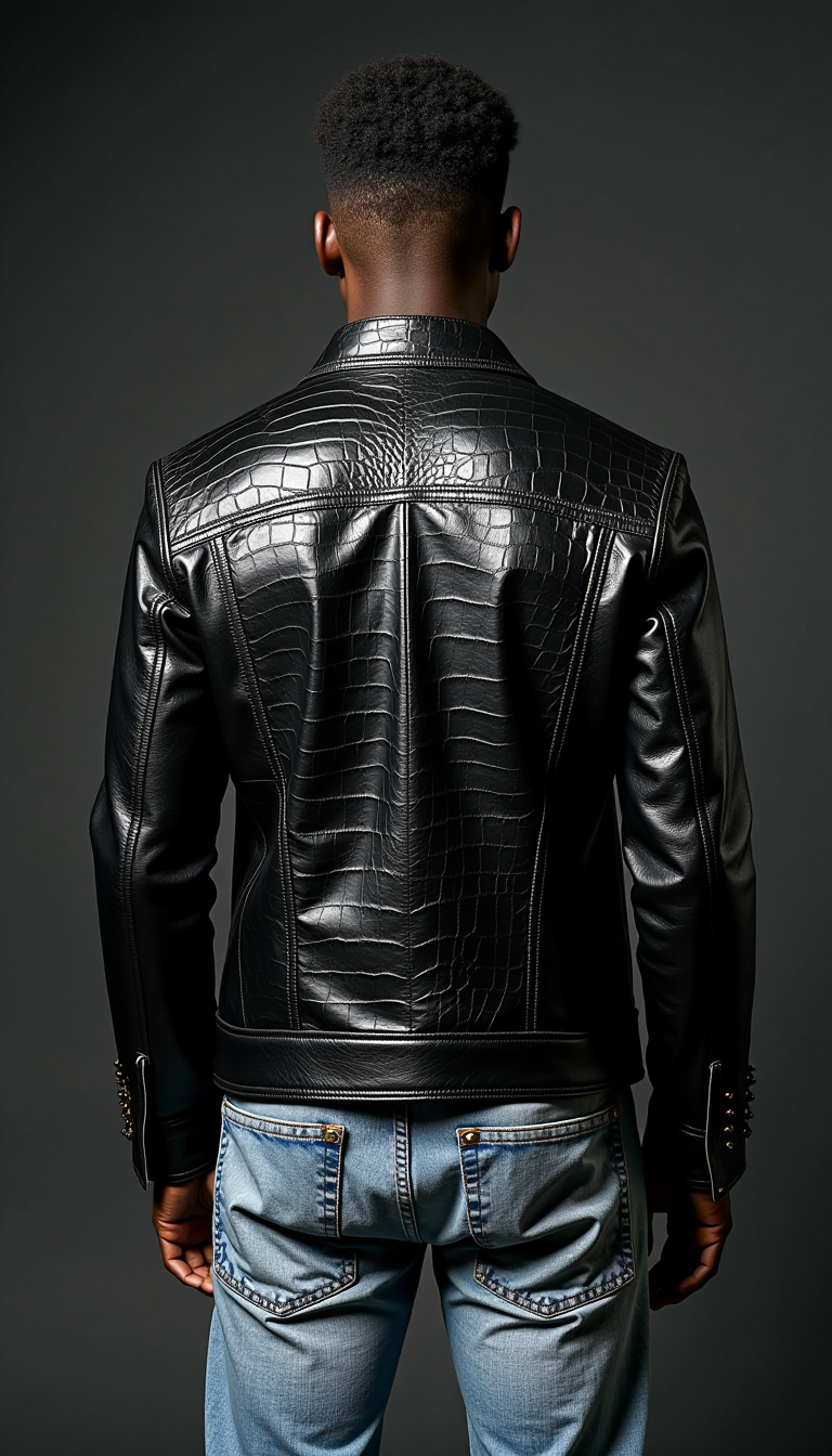 Example: A black male model in distressed blue denim jeans