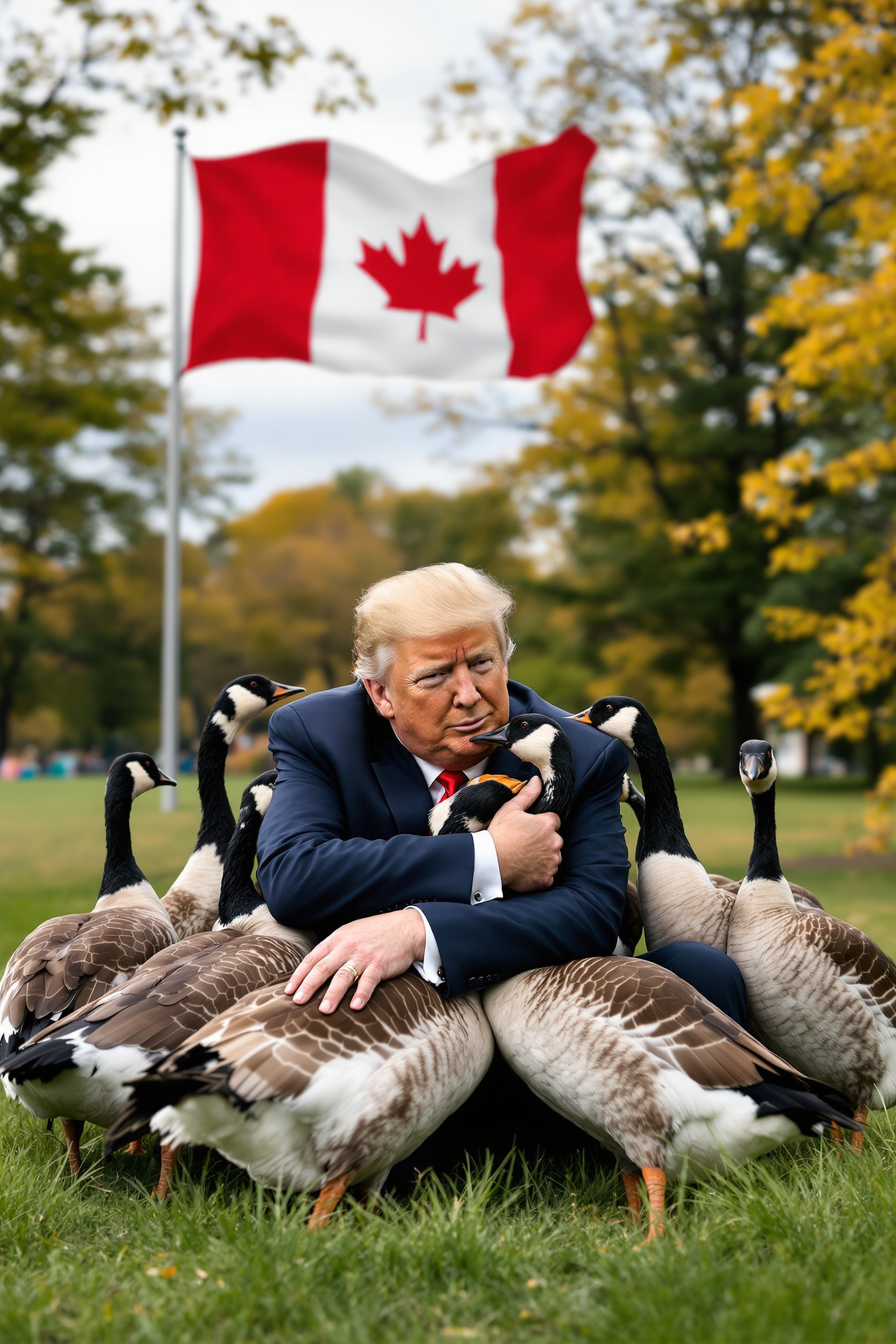 Create a photo donald trump sitting on the grass in a park hugging a bunch of Canada geese. Background a Canadian Flag on a pole