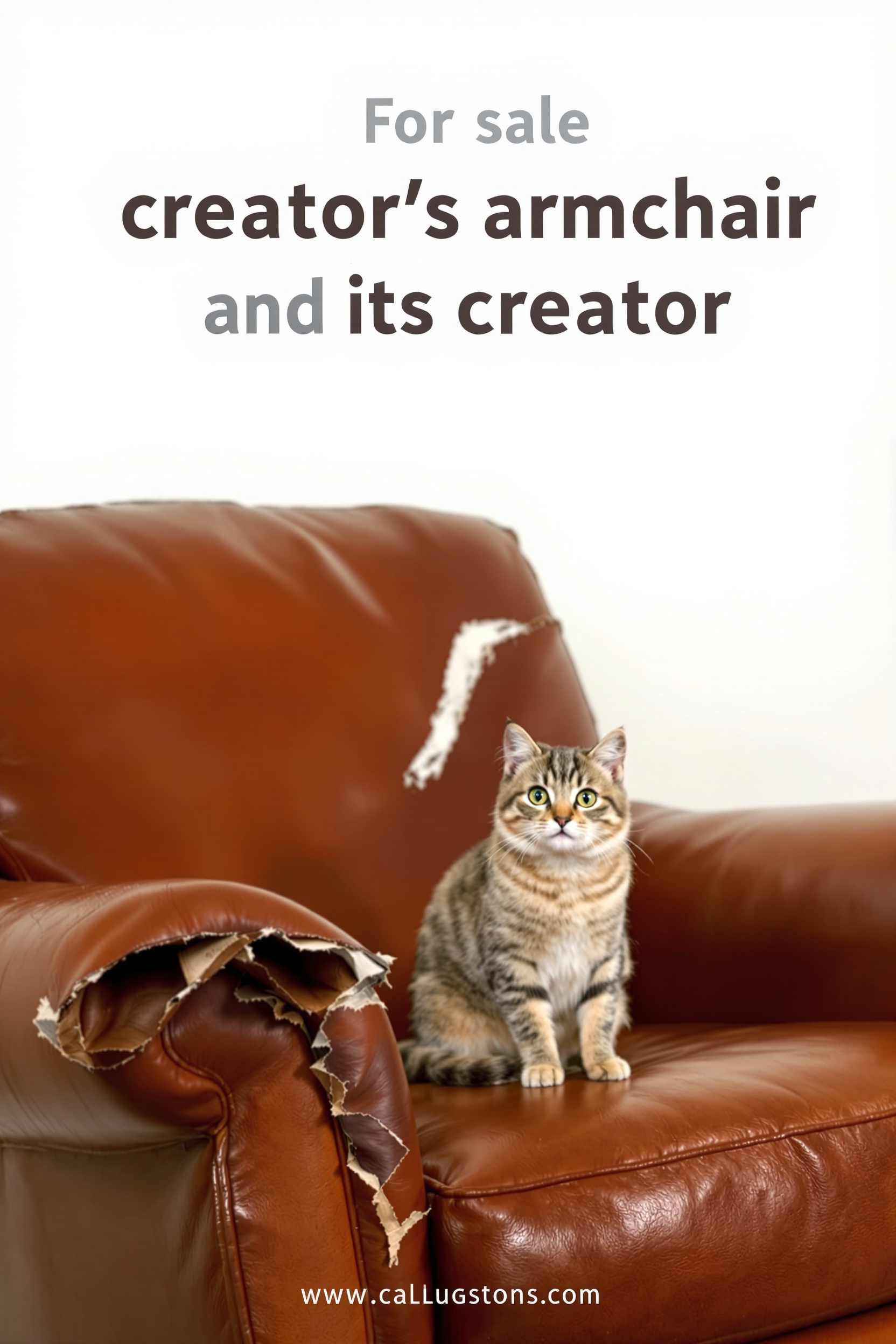 realistic image of a leather armchair with  the leather almost ripped off on the arms. A cat is siting on the  armchair with a curious look on its face, looking straight to the  camera. There is a text saying "For sale creator's armchair and its  creator" spelled exactly as spelled.