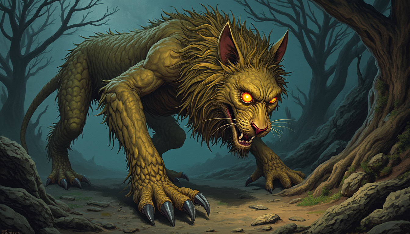 A **bandersnatch**, a fantastical creature from Lewis Carroll's "Jabberwocky," depicted in the **Victorian fantasy illustration style**, with a **sinewy, muscular body** reminiscent of a lion, yet possessing **reptilian scales** along its back and **talon-like claws**. It has **large, menacing eyes** that gleam with a **fiery intensity**, and **tufts of wild, spiky fur** around its neck and limbs. The **background** should reflect a **surreal, dreamlike landscape** with **twisted, gnarled trees** and **foggy, twilight lighting** to enhance the creature's **mystique and danger**. The **composition** should place the bandersnatch **front and center**, slightly off to one side to give a sense of **imminent movement or threat**, with a **low camera angle** to emphasize its **size and power**. The **mood** should be **ominous and foreboding**, with **shadows playing across the scene** to create a **high contrast** between light and dark, evoking a **sense of impending confrontation**.
