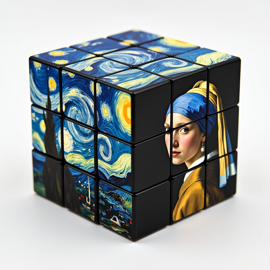 A magic cube (Rubik's cube) before it has been scrambled, with each set of 9 squares on the faces arranged to form famous artworks. The left face of the cube is composed of (Vincent van Gogh's The Starry Night), the right face is made up of (Johannes Vermeer’s Girl with a Pearl Earring), and the top face is formed by (Edvard Munch's The Scream). The cube is perfectly arranged, showcasing the vibrant and iconic details of these masterpieces on each side.