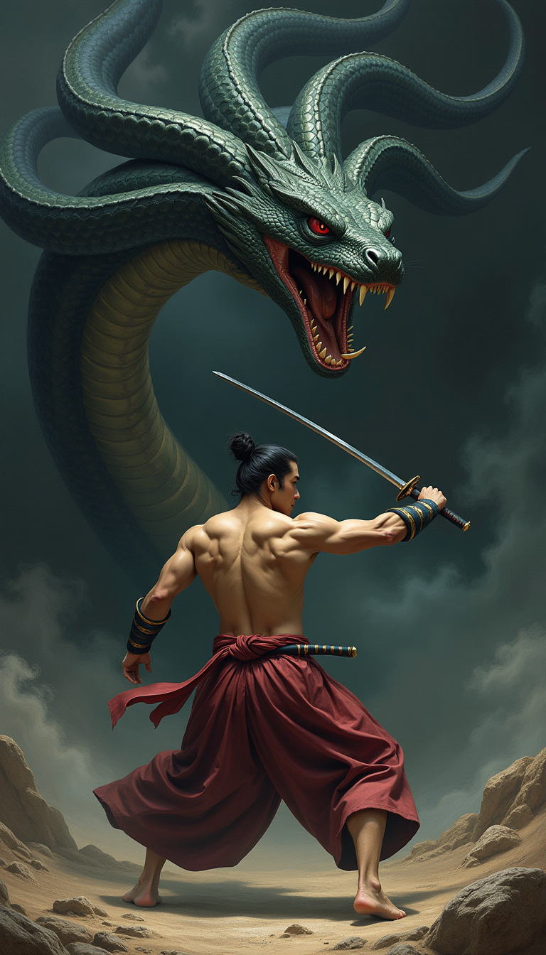 ultra realistic, ultra detail, 64K, swing sword, A dynamic dark scene in the style of Leonardo da Vinci, featuring a 20-year-old (handsome Japanese man), shirtless and wearing traditional Japanese hakama pants, holding a gleaming katana as he stands in a powerful combat stance. His muscular frame and confident expression embody strength and determination. In front of him is a fearsome, ((eight-headed serpent:1.4)), each head menacingly raised, with gaping mouths revealing sharp, terrifying fangs. The serpent’s scales glisten in dark, ominous hues, and its many coils create an imposing, intimidating presence. The background is dark and dramatic, with swirling winds and dark clouds, reflecting the intensity of this mythical battle. The scene is captured in the intricate and realistic style of the Renaissance, with detailed anatomy and shading reminiscent of da Vinci’s masterpieces, focusing on the tension between the warrior and the monstrous serpent. (side view:1.2), low light