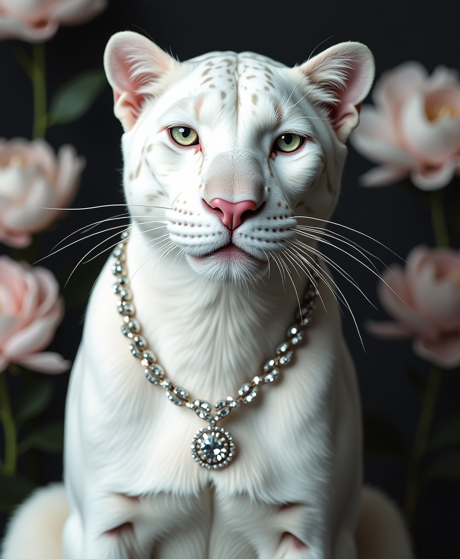 A beautiful white panther wearing diamond necklaces, set against a black and white background with peonies, in a cinematic style, photographed in the style of David LaChapelle.
