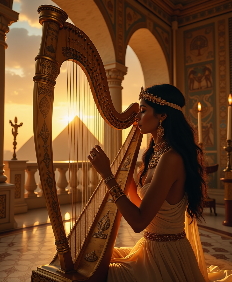 Ultra-detailed cinematic POV shot from the eyes of Cleopatra gracefully playing a golden Egyptian harp inside her grand palace. Her elegant hands, adorned with delicate golden bracelets and gemstone rings, gently pluck the strings, creating a soft and mesmerizing melody. The harp is intricately carved with sacred hieroglyphs and adorned with luxurious embellishments. The palace is illuminated by the warm glow of flickering oil lamps, casting intricate shadows on the richly decorated walls covered in ornate murals and gold accents. Silken drapes sway gently in the evening breeze, framing a breathtaking view of the pyramids under the twilight sky. The atmosphere is divine, exuding an aura of serenity, grace, and timeless Egyptian royalty 