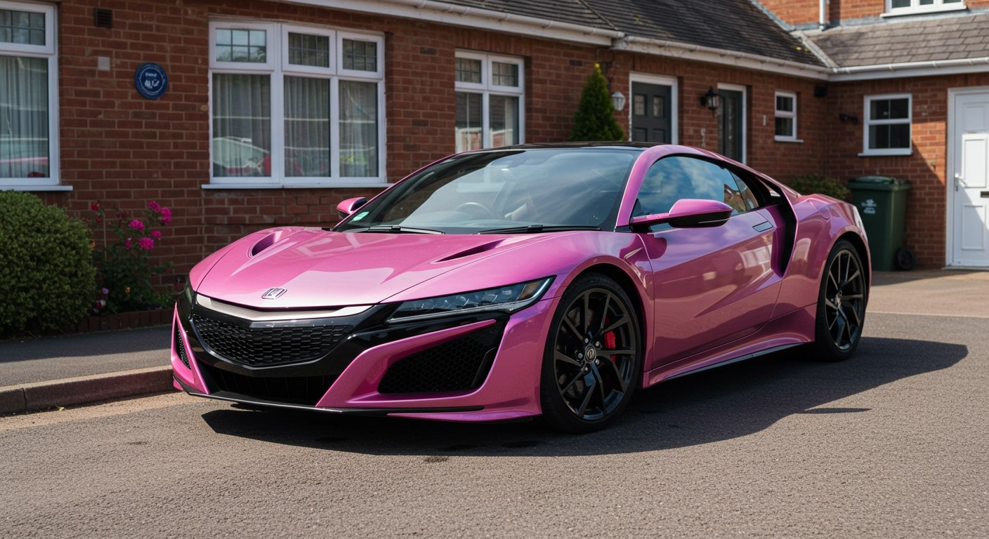 Create image: 2021 new Honda NSX in metallic pink & white in a UK driveway