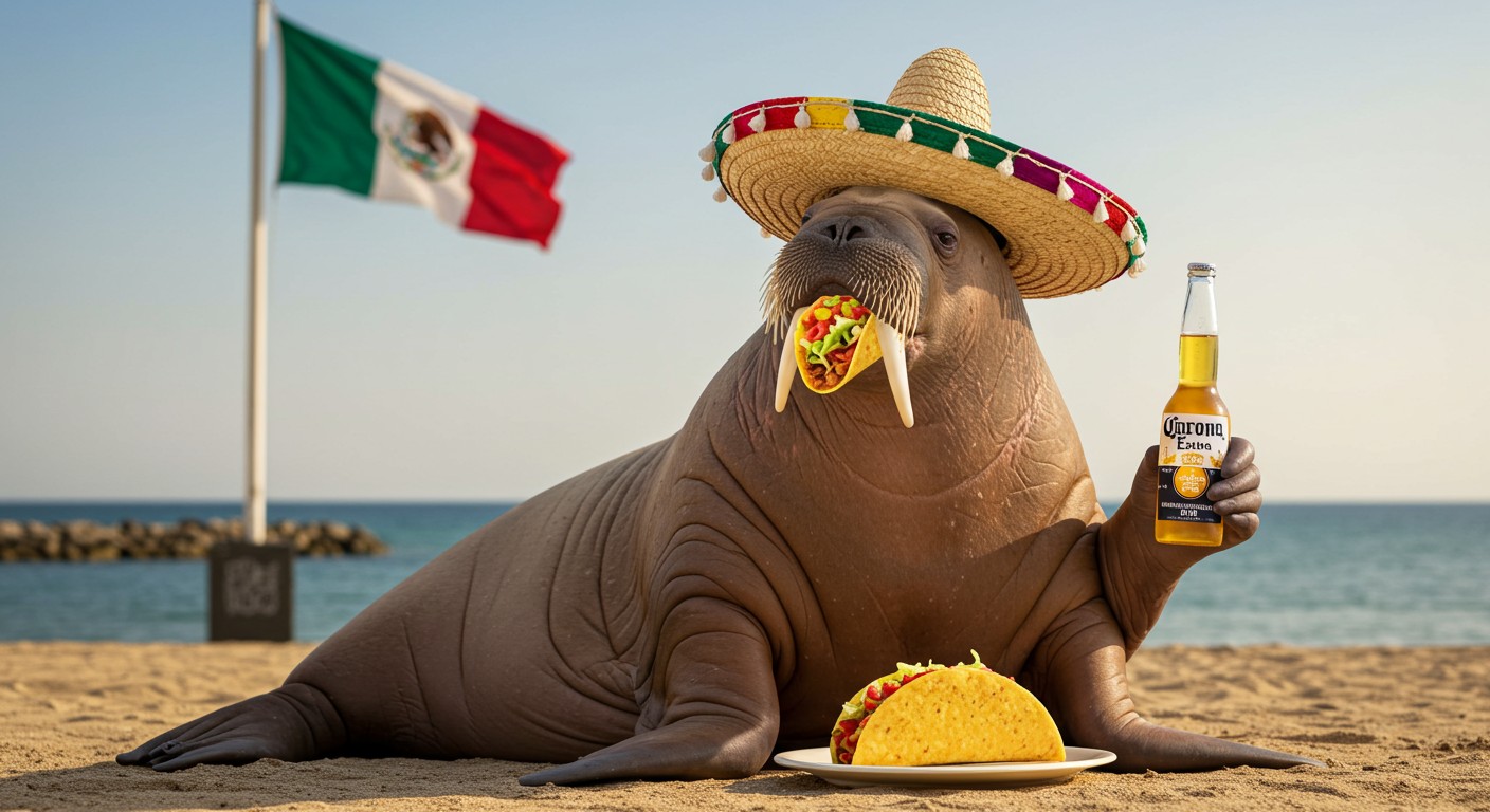 Create photo of fat female walrus big flippers claping wearing Sombrero drinking Corona beers eating tacos 🌮 puxar background mexico flag on pole