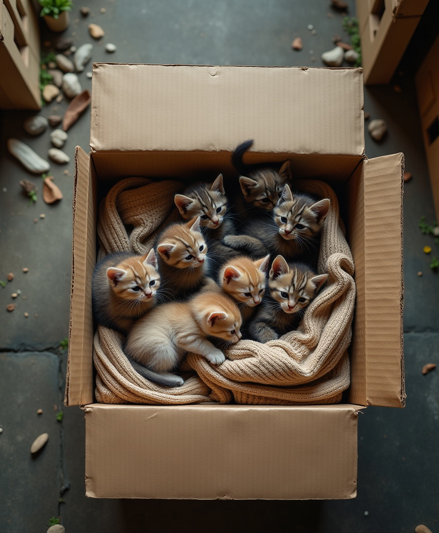 A top-down view of a cardboard box, inside which lies an old sweater. many adorable kittens are playfully nestled on top of the sweater. The scene is set in a small alley, with a rustic and cozy atmosphere, surrounded by the soft glow of the environment. The box and kittens add a sense of warmth and innocence to the alleyway setting
