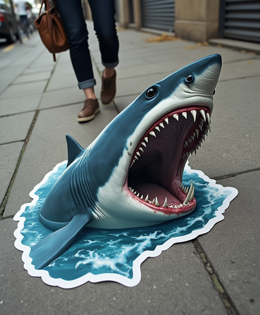 A white-bordered sticker on the ground featuring a shark. A woman is walking by, and the shark’s head extends out of the sticker, coming into the real world. The shark has its mouth wide open, revealing sharp, menacing teeth, as if preparing to attack the woman. The scene blends the surreal and real, with the sticker’s artwork vividly coming to life, creating a sense of danger and tension as the woman unknowingly steps closer to the looming shark