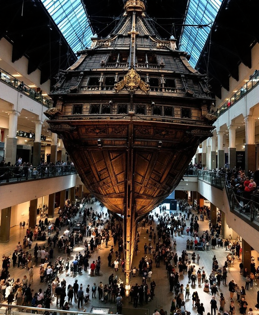 Looking up from below, the 17th-century sunken ship Vasa is suspended in mid-air inside the Vasa Museum. The ship is tilted slightly, allowing a clear view of its detailed underside. Its towering masts, intricate carvings, and aged wood are visible as it hangs above the museum floor. The museum’s three levels—first, second, and third floors—each offer a different perspective of the ship. Numerous tourists are scattered throughout the space, taking photos and marveling at the historical vessel. The museum’s modern architecture contrasts with the ancient ship, creating a striking and immersive experience.