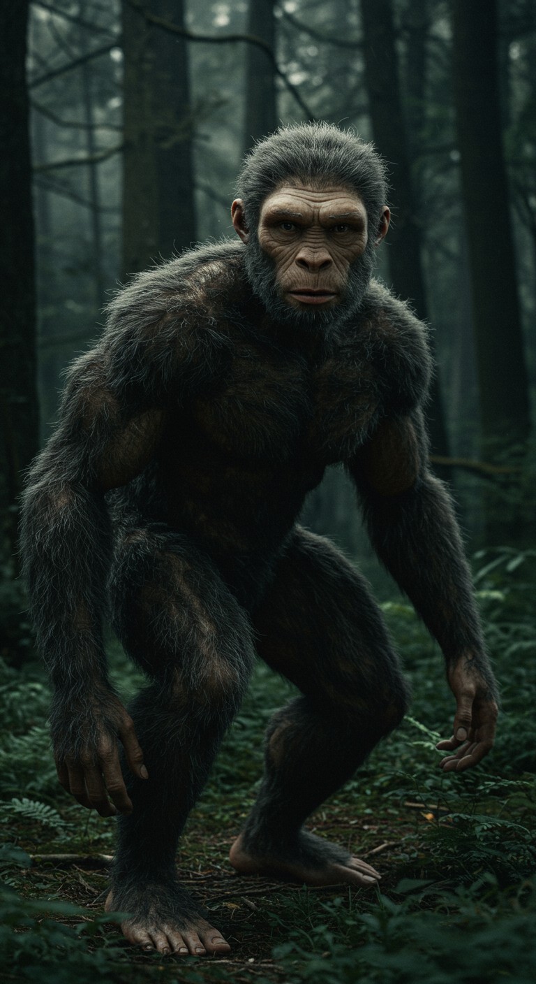Create an images of a man that is extreamly hairy all over the missing link. Hyperrealistic photograph 