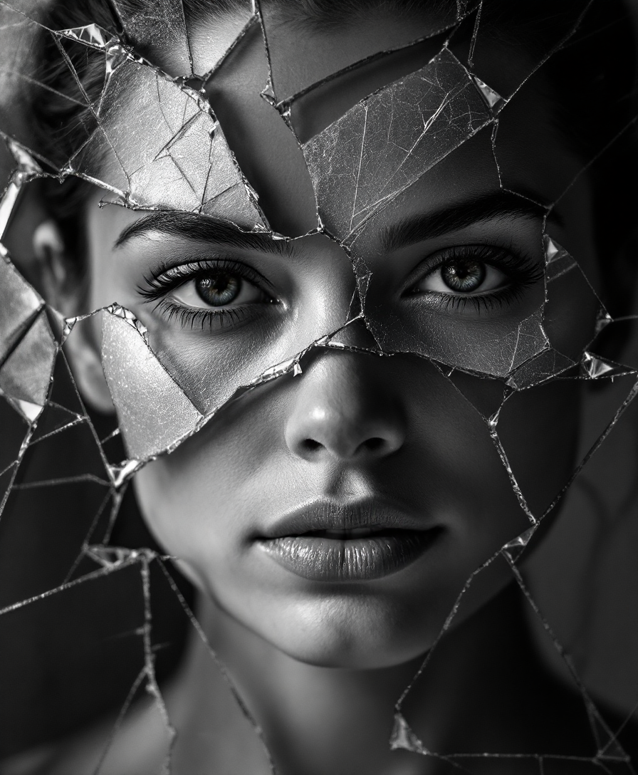 A close-up, black and white, artistic rendering presents a fragmented portrait of a woman's face, overlaid with what appears to be shattered glass or a similar fractured pattern. The image utilizes a high-contrast, grayscale palette, emphasizing the stark lines and sharp edges of the cracks that obscure and dissect the facial features. The woman's eyes are visible through the gaps in the fractured pattern, looking outwards with a sense of intensity or vulnerability, her eyebrows are well-defined, and the bridge of her nose and her full lips, slightly parted, are also discernible, adding to the human element beneath the abstract overlay. The body pose is facing directly forward, almost confronting the viewer, although the fractured effect gives a sense of disconnection or internal turmoil, the fragments are of irregular shapes and various sizes, creating a dynamic, chaotic composition across the woman's face. The lighting is dramatic, with bright highlights on the edges of the 'cracks' and deep shadows within, enhancing the three-dimensional effect of the overlay and the underlying features.