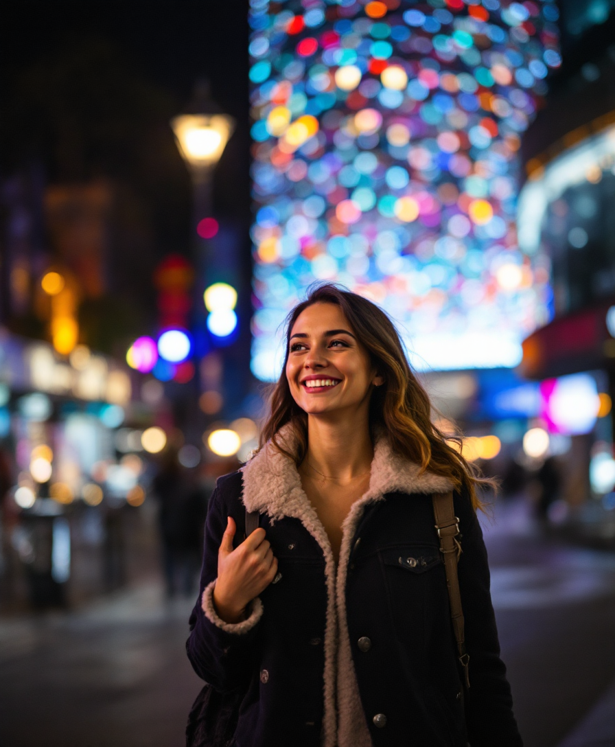 Example: A smiling woman walking in London at night