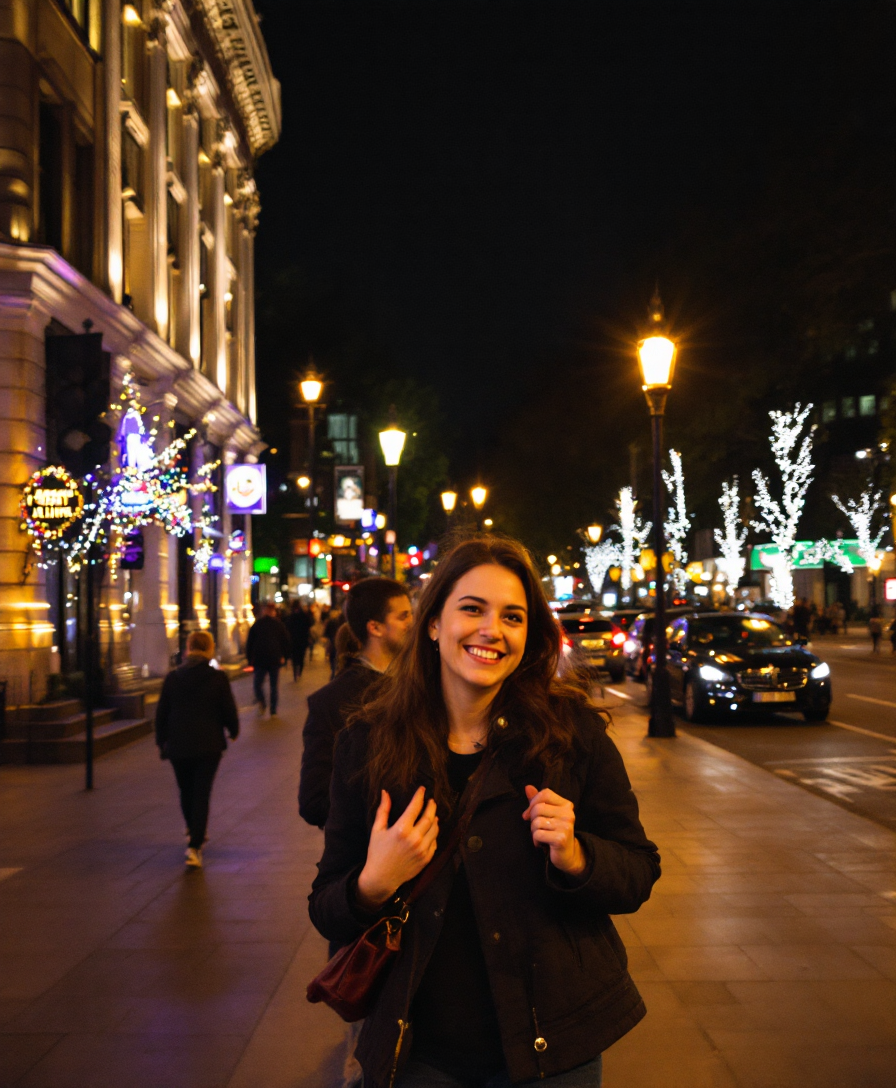 Example: A smiling woman walking in London at night