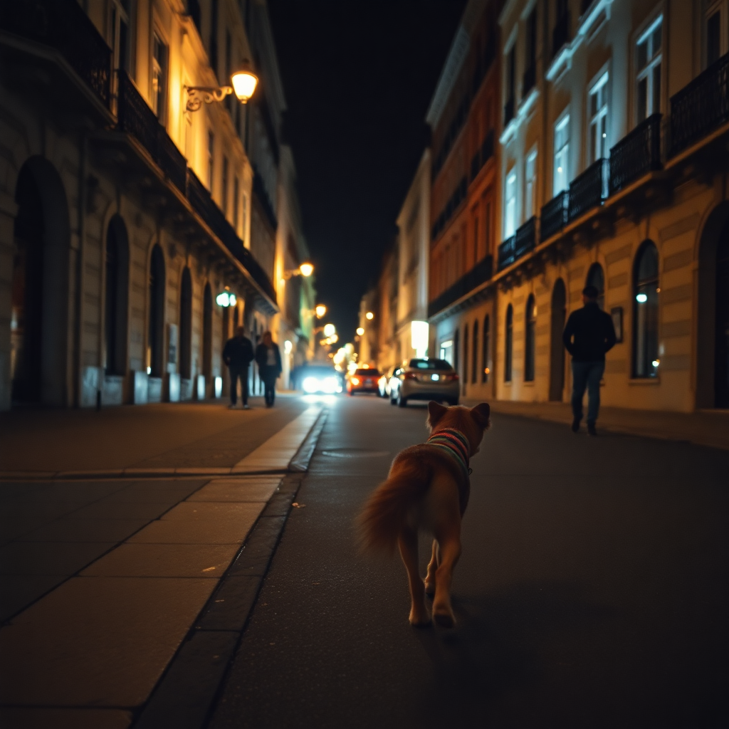 Example: A dog walks the streets of Lisbon at night
