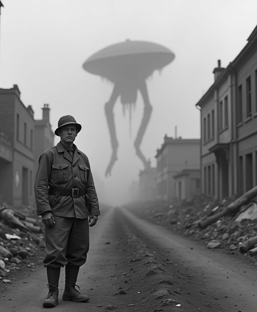 A highly ultrarealistic black-and-white photograph in the style of the 1940s. A lone person, dressed in worn wartime clothing, stands in the foreground with a solemn, weary expression. The environment is filled with destruction—ruined buildings, smoke, and debris, evoking the aftermath of war. In the background, something alien lurks—an eerie, otherworldly structure or a hovering spacecraft, slightly blurred yet undeniably present. The atmosphere is heavy with tension, as if history and science fiction have collided. The lighting is dramatic, with deep shadows and a grainy texture, mimicking vintage war photography.