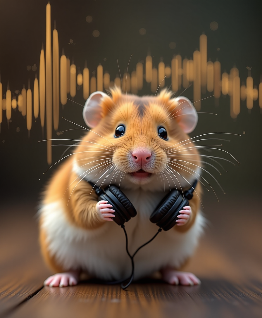 A whimsical, high-contrast image featuring a hamster with a rounded face, bright beady eyes, and puffy cheeks stuffed with food, looking directly at the camera lens with an adorable expression, set against a blurred background with subtle, warm lighting. The hamster's fur is a soft, fluffy brown color with a slightly lighter tone on its belly, and its tiny paws are holding a miniature headset or earbuds, hinting at its love for music. In the background, a dramatic, epic music waveform or musical notes in shimmering gold or silver hues add a sense of grandeur, with the overall atmosphere exuding a sense of playfulness and joy. The image has a shallow depth of field, with the hamster's face and headphones in sharp focus, while the background remains softly blurred.